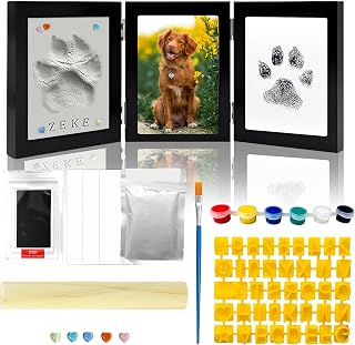 IKKAB 3-in-1 Pet Paw Print Kit for Dogs and Cats - Clay Paw Print Impression Kit with Memorial Photo Frame, No-Mess Inkless Pad and Soft Clay for Pawprint Keepsake
