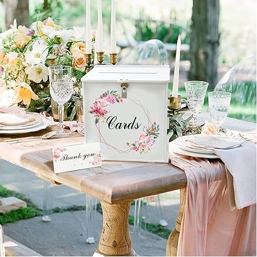 Miniatura 9 de Caja de tarjetas de boda blanca con cerradura, cajas de tarjetas de boda de regalo para recepción con soporte de dinero con letrero de rosa para