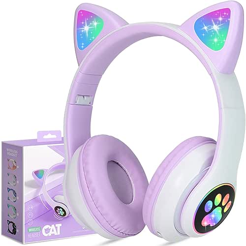 TCJJ Bluetooth 6.0 Cat Ear Kids Headphones for Girls, LED