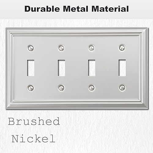 Miniatura 3 de OKAWYC Adler - Placa de pared de metal cuádruple para interruptor de palanca, paquete de 2 unidades de níquel cepillado de 4 bandas, cubierta