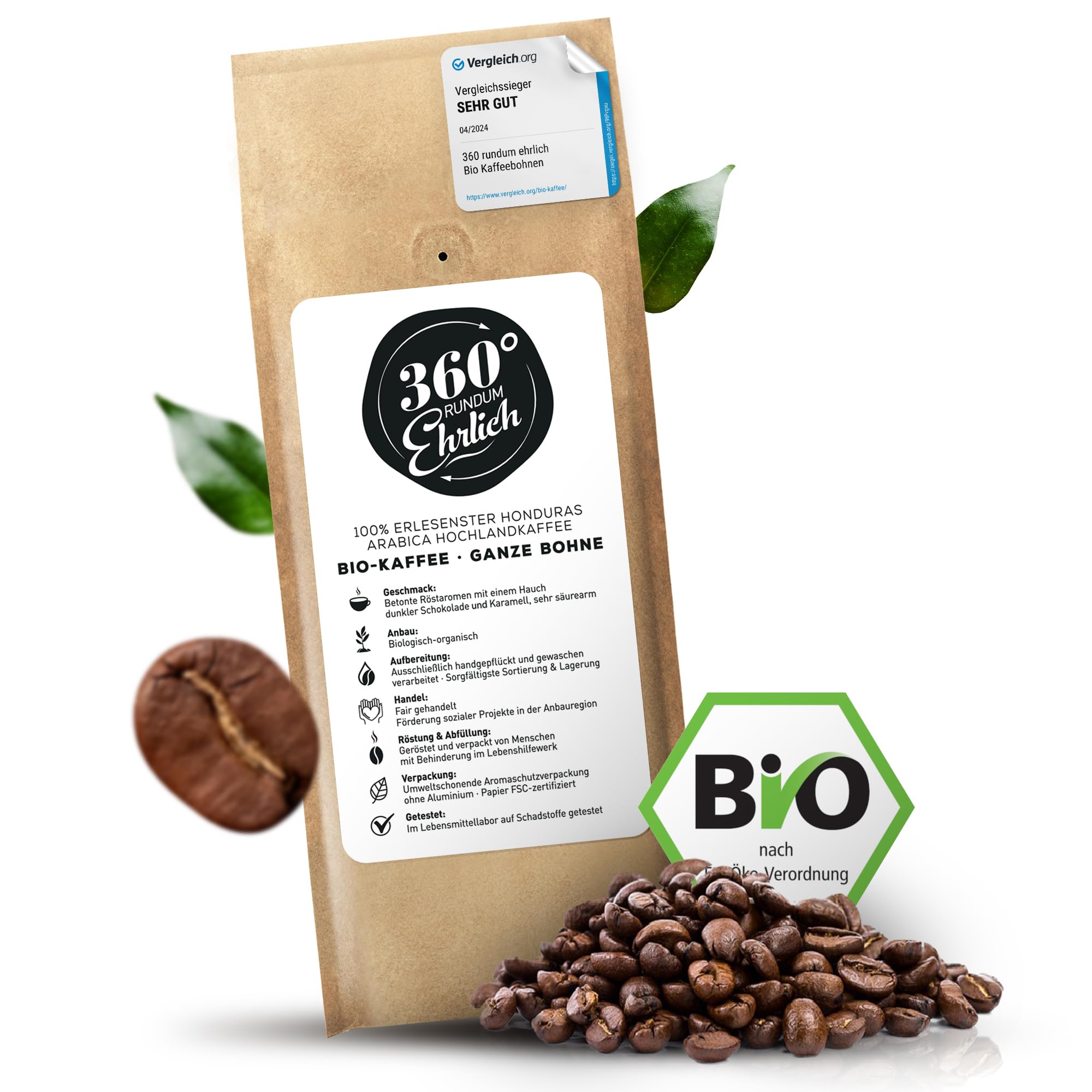 360° Bio Kaffeebohnen - Fair Trade Kaffee aus 100% Honduras Hochland Arabica ganze Bohnen – Köstlich, sehr säurearm - Ideal als Kaffeebohnen Vollautomat - 360° Rundum Ehrlich 250g