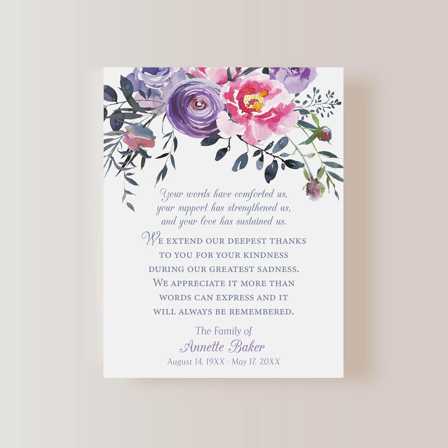 Pink and Purple Floral Funeral Thank You Cards, Sympathy Acknowledgement Cards, 4.25x5.5 Flat Bereavement Notecards with Envelopes