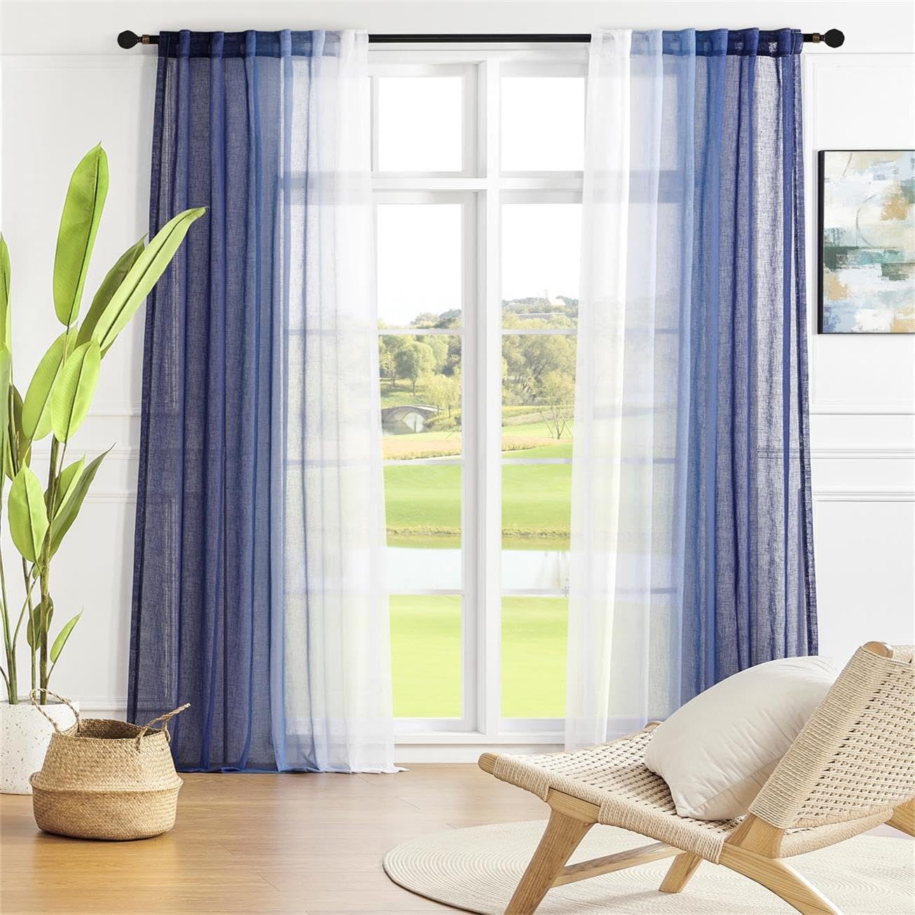 MIUCO Ombre Linen Curtains 84 Inches Long for Bedroom Living Room, Navy Blue and White Semi