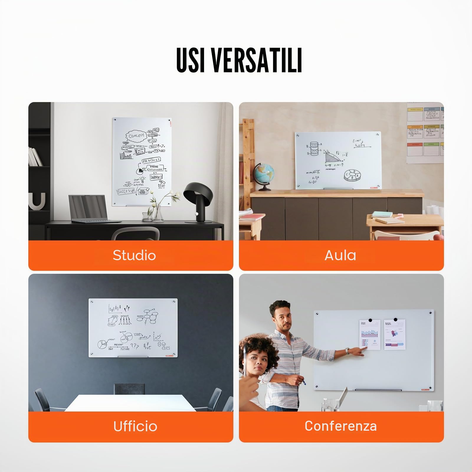 VEVOR Lavagna magnetica in vetro cancellabile a secco 90 x 60 cm, Lavagna per promemoria da parete, Vassoio per pennarelli, per Ufficio scuola ristorante casa