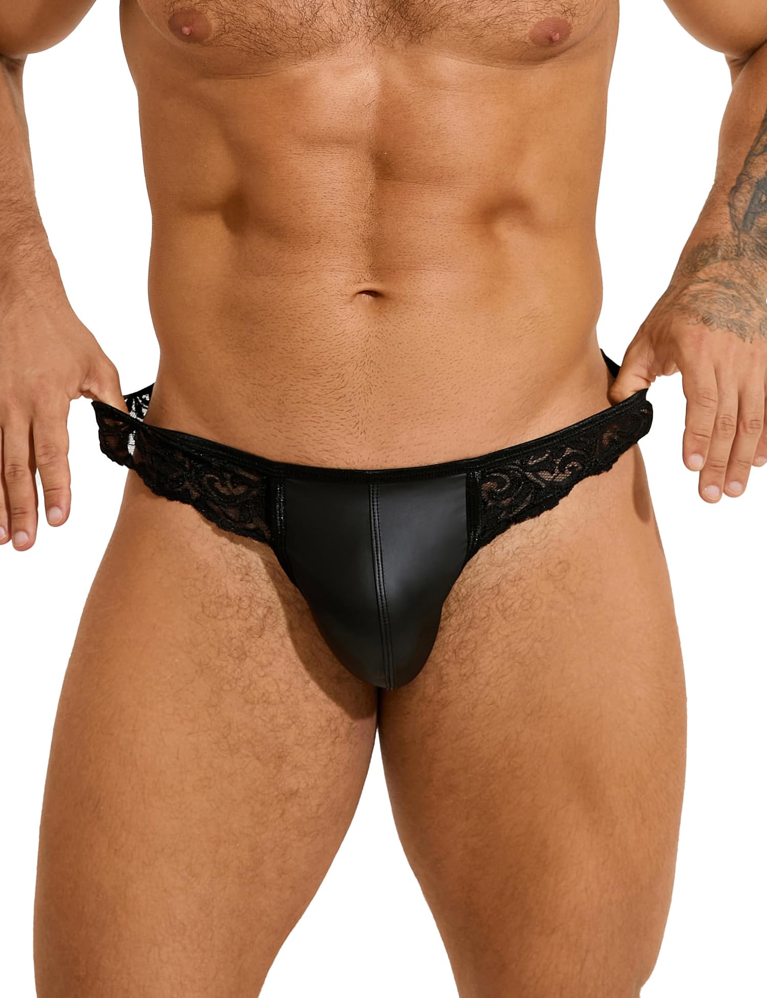 ohyeahlady String Tanga Herren Sexy Dessous PU Leder Unterwäsche Männer Erotisch Spitze Höschen Slips Thong Ouvert Transparent Unterhosen T-Back Sissy Reizwäsche Gay Underwear Große Größen Schwarz