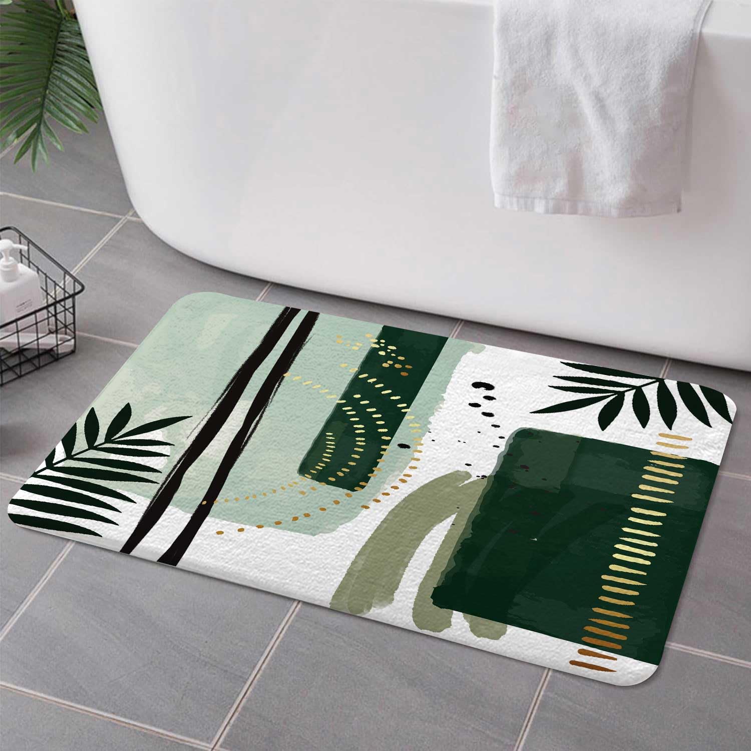 Hjokiupt Green Mid Century Bath Rugs for Bathroom, Modern Boho Geometric Abstract Emerald Green Minimalist Striped Non Slip Flannel Bathroom Rug, Dry