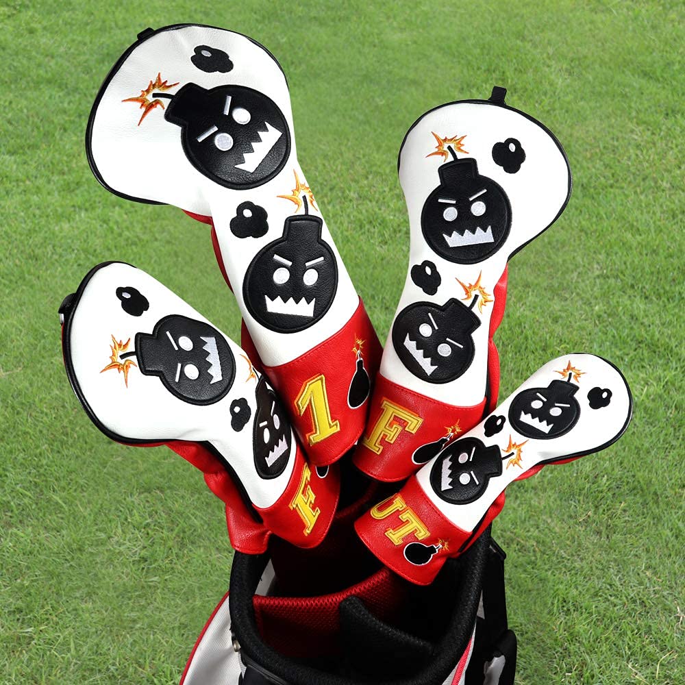 Craftsman Golf Driver Headcover Embroidery Bomb, PU Leather Golf Head Covers Driver Fairway Wood Hybrid Blade Putter Headcover