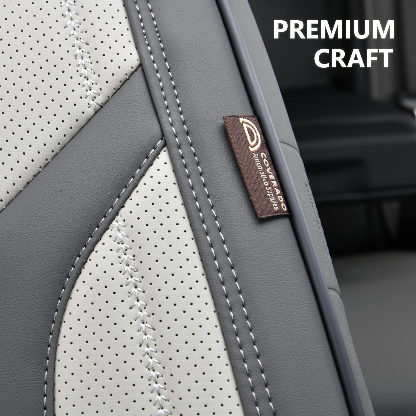 Coverado Funda Asiento Coche Cuero para 5 Plazas,Protector Asiento | Soporte Lumbar, Impermeable Fundas Coche Asientos Completo Universales para Sedán SUV Camioneta, Gris&Beige