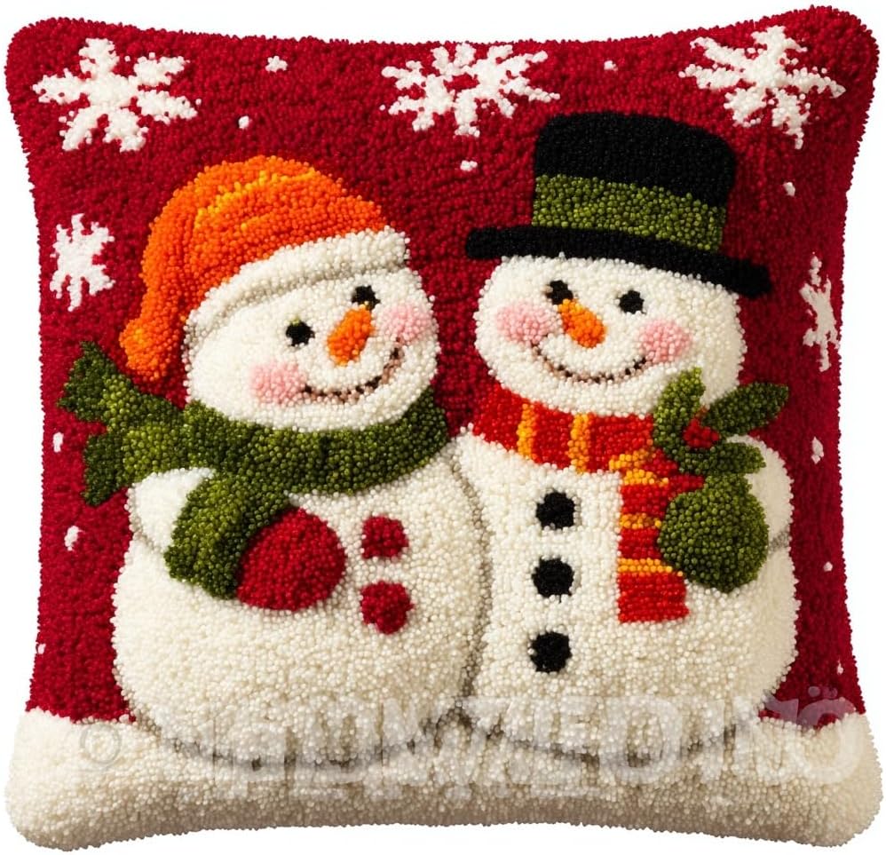 Latch Hook Pillow Kit Two Christmas Snowman Printed Pillow Cover DIY Crochet Yarn Hooking Pillowcase for Hobby and Home Decor 43x43cm-52