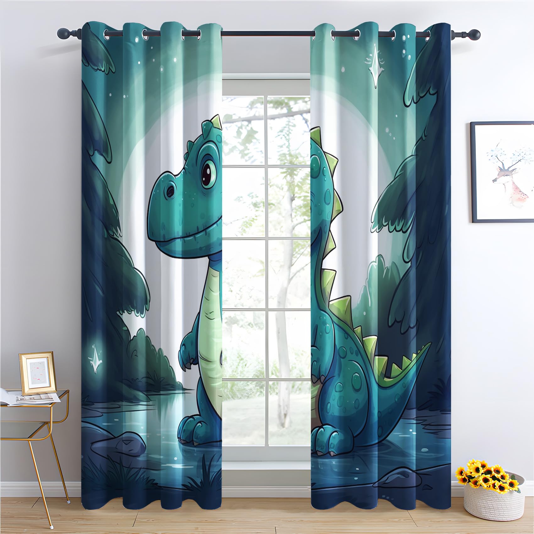Rideau Occultant Dinosaure, Garçon Motif Rideaux Thermiques à Oeillets, Rideaux Imprimé pour Salon Chambre Fenetre Moderne Décoration, 140x220 cm (L x H), Lot de 2