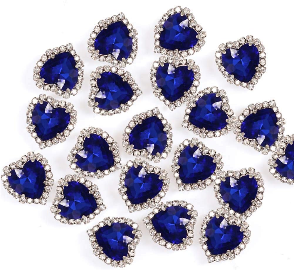 Heart Rhinestones 20pcs Sew on Rhinestones Buttons Embellishments with Diamond,14mm Heart Rhinestones Flatback,Sapphire Blue