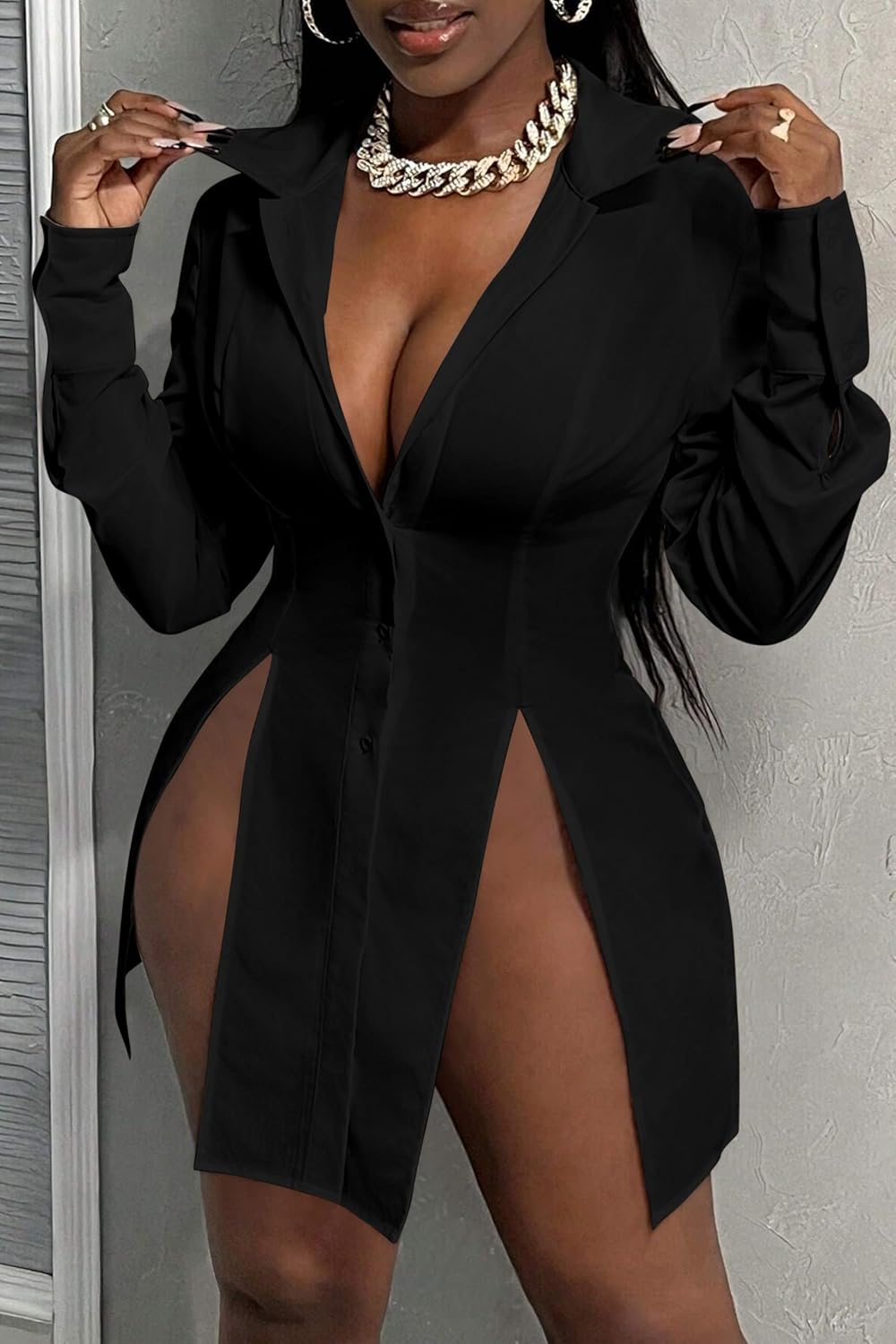 Womens Shirt Dress Button Down Long Sleeve Collar V Neck Sexy Slit Casual Loose Blouses Tops Mini Dresses for Women - Image 2