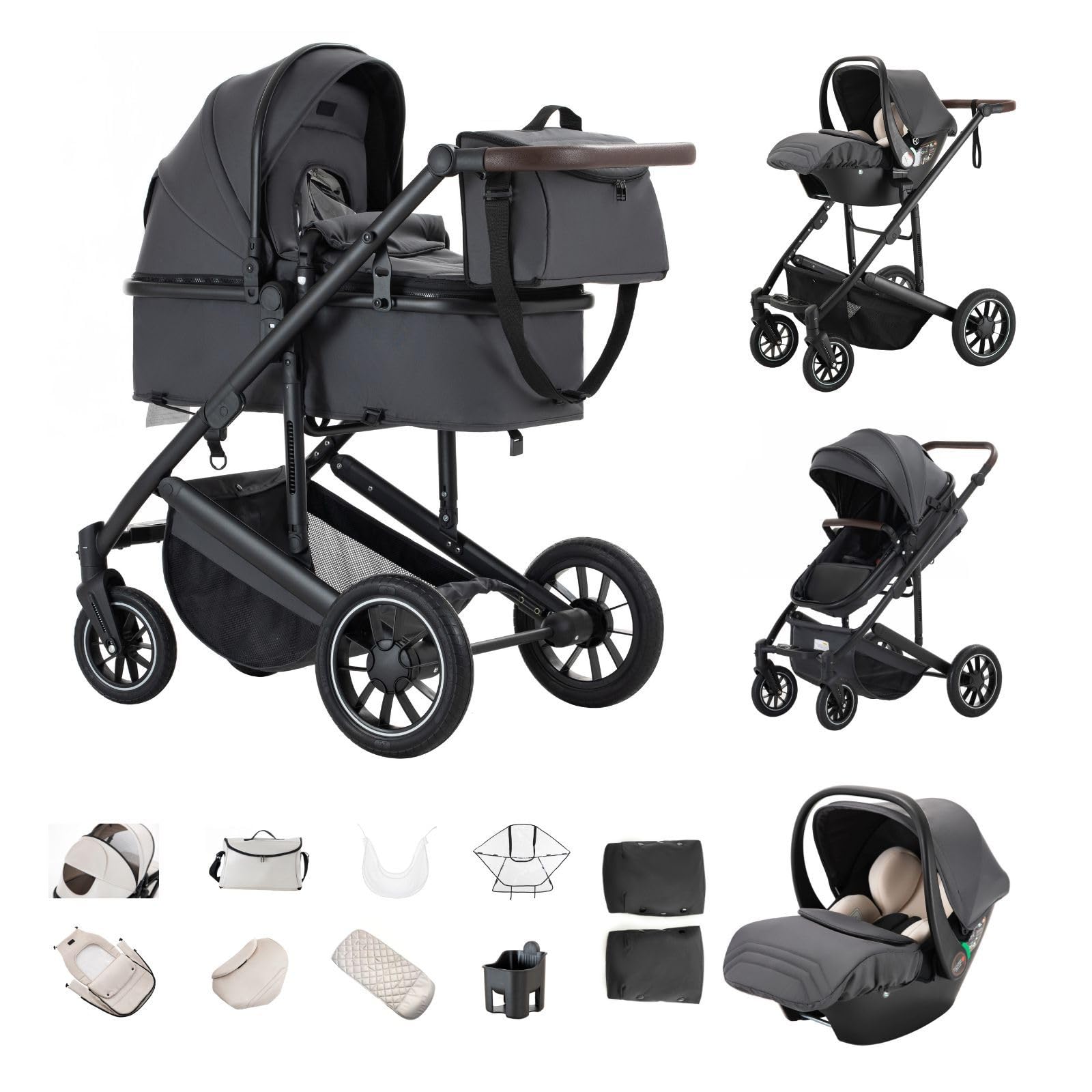 3 en 1 Carrito Bebé, Cochecito Bebe con ECE R129 Asiento de Coche, Cochecito con Mango Ajustable de Altura, Cochecito Carro de Visión alta con Marco de Aluminio (22KG, 0-4 Años)