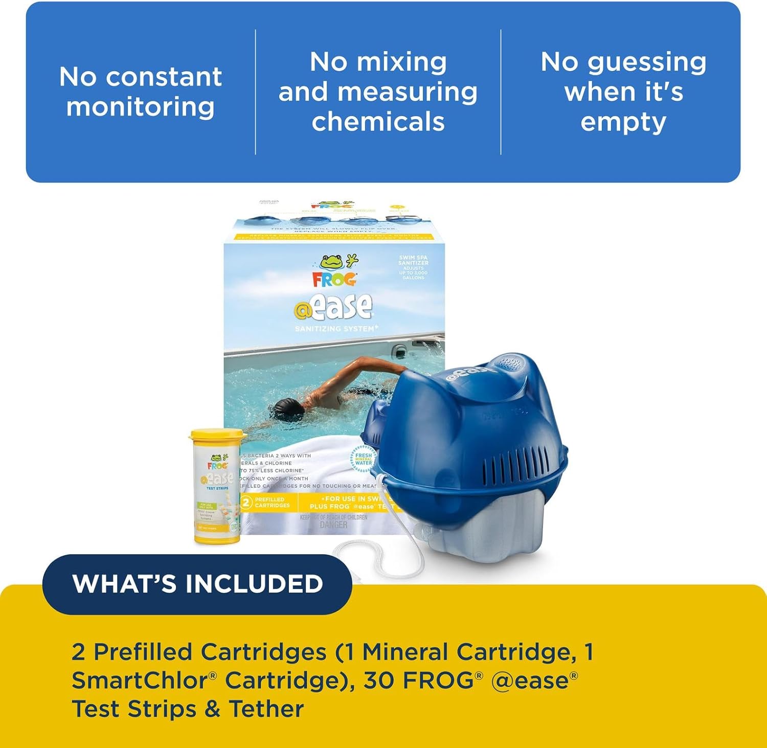 The First and Only Complete Swim Spa Sanitizer – with 75% Less Chlorine*, Kills Bacteria 2 Ways, Shock Only Once a Month!