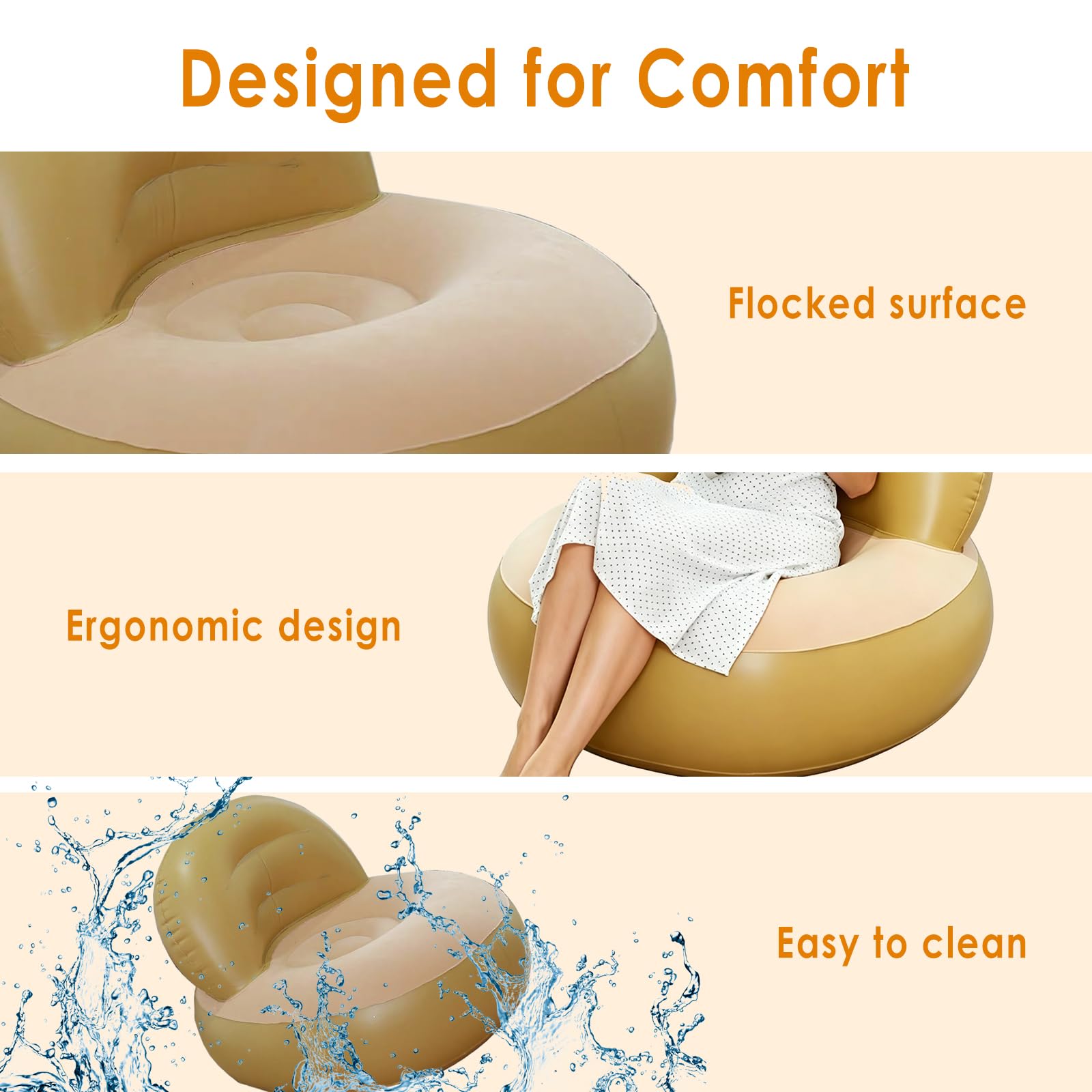 Sofá de Aire, Sillón Hinchable Portátil con Flocado, Tumbona Inflable con Reposapiés, Puf Exterior, Sillón de Piscina, Airlounge, para Camping, Hogar(Cúrcuma) | Sillón inflable