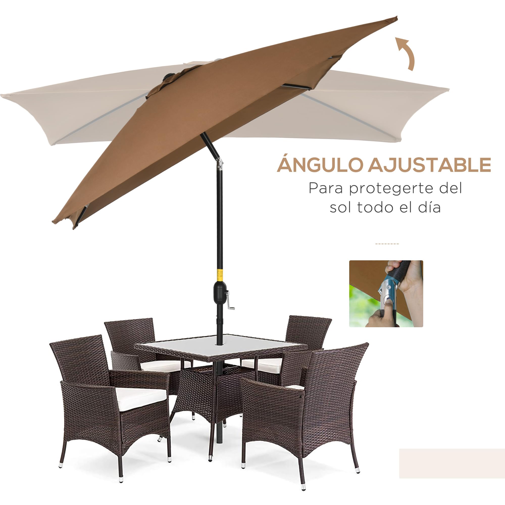 Outsunny Sombrilla de Terraza Exterior 200x300 cm Ángulo Ajustable Café | Parasol de Terraza Exterior, Mástil de Aluminio Desmontable, Manivela, Anti-UV, Sombrilla para Jardín, Patio, Café