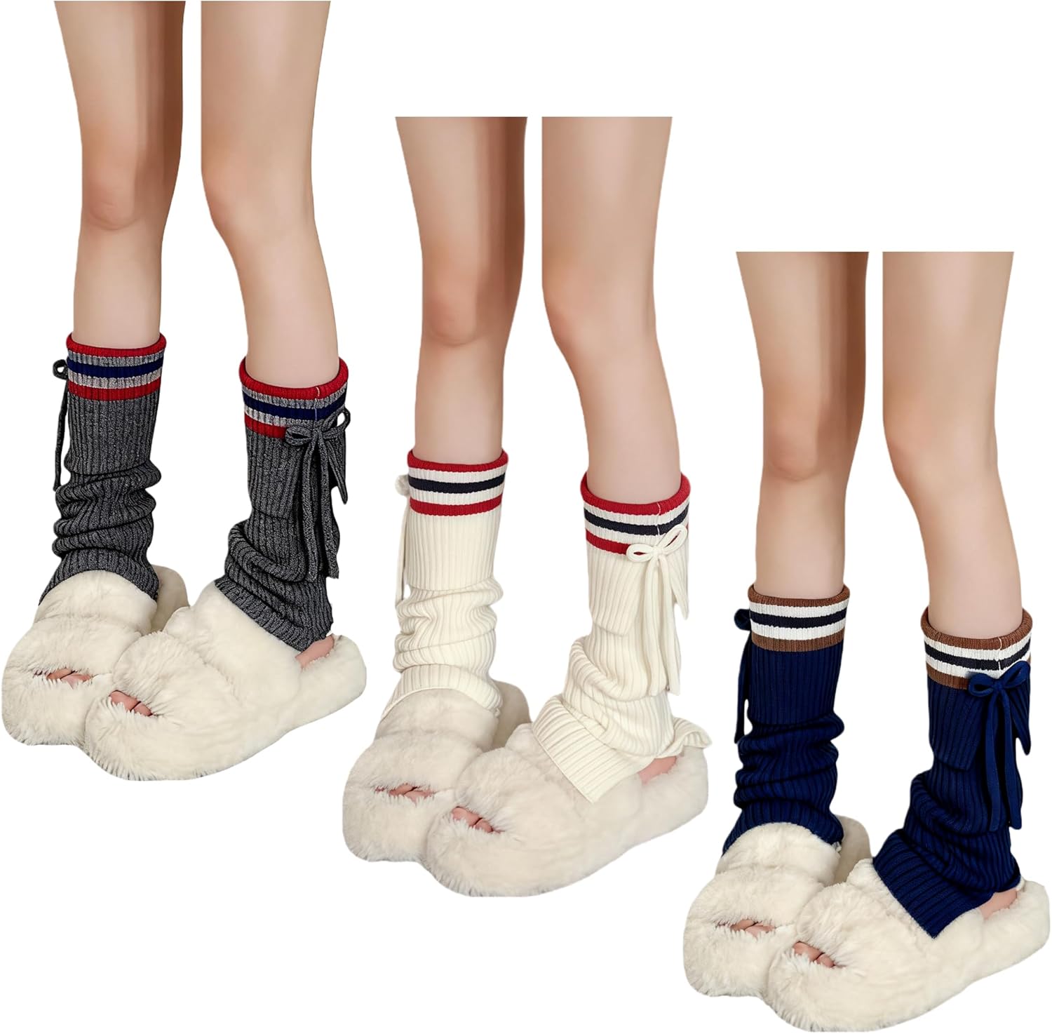 3 Pairs Women's Knitted Leg Warmers with Bowknot, Striped Cuff Slouchy Sock Leggings for Casual & Home Wear