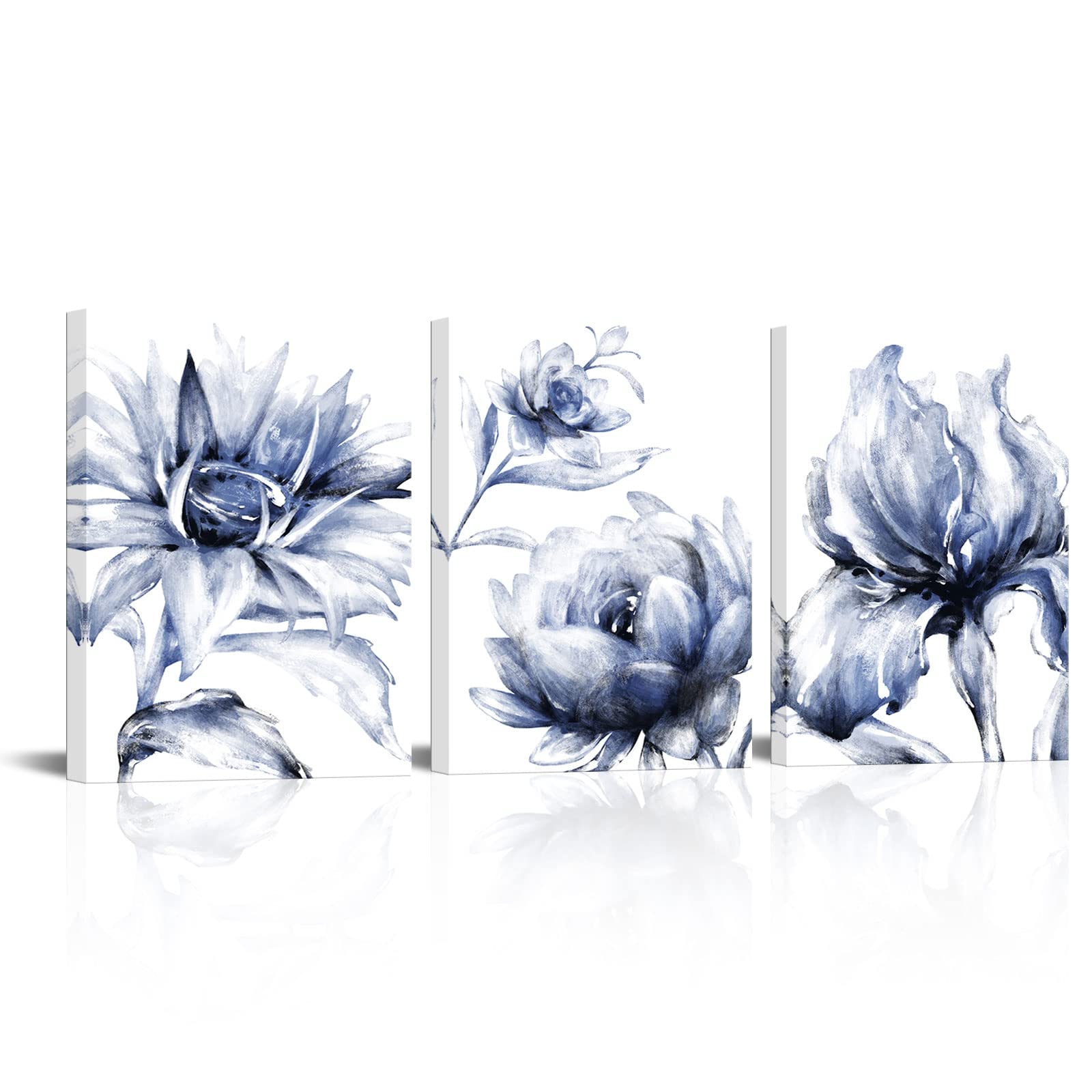 HOMEOART Blue Wall Decor Floral Wall Art Bathroom Decor Framed Canvas Wall Art Ready to Hang Living Room Wall, 12x16inchx3 Pieces