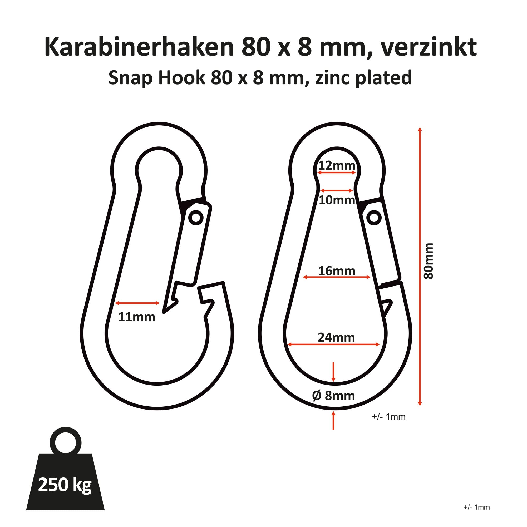 C.P.Sports 10 moschettoni 80 mm x 8 mm | per sport di forza, bodybuilding, fitness e fai da te, hobby e tempo libero | in acciaio inox colorato | resistenti alla trazione e durevoli, confezione da 10 pezzi