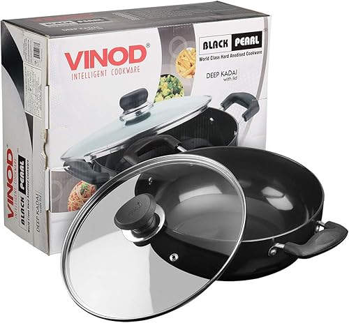 Miniatura 8 de Vinod Black Pearl - Kadhai profundo anodizado duro con tapa de vidrio  Negro  3.1 litros (3.2 cuartos de galón)  9.4 in  Asas remachadas  Olla