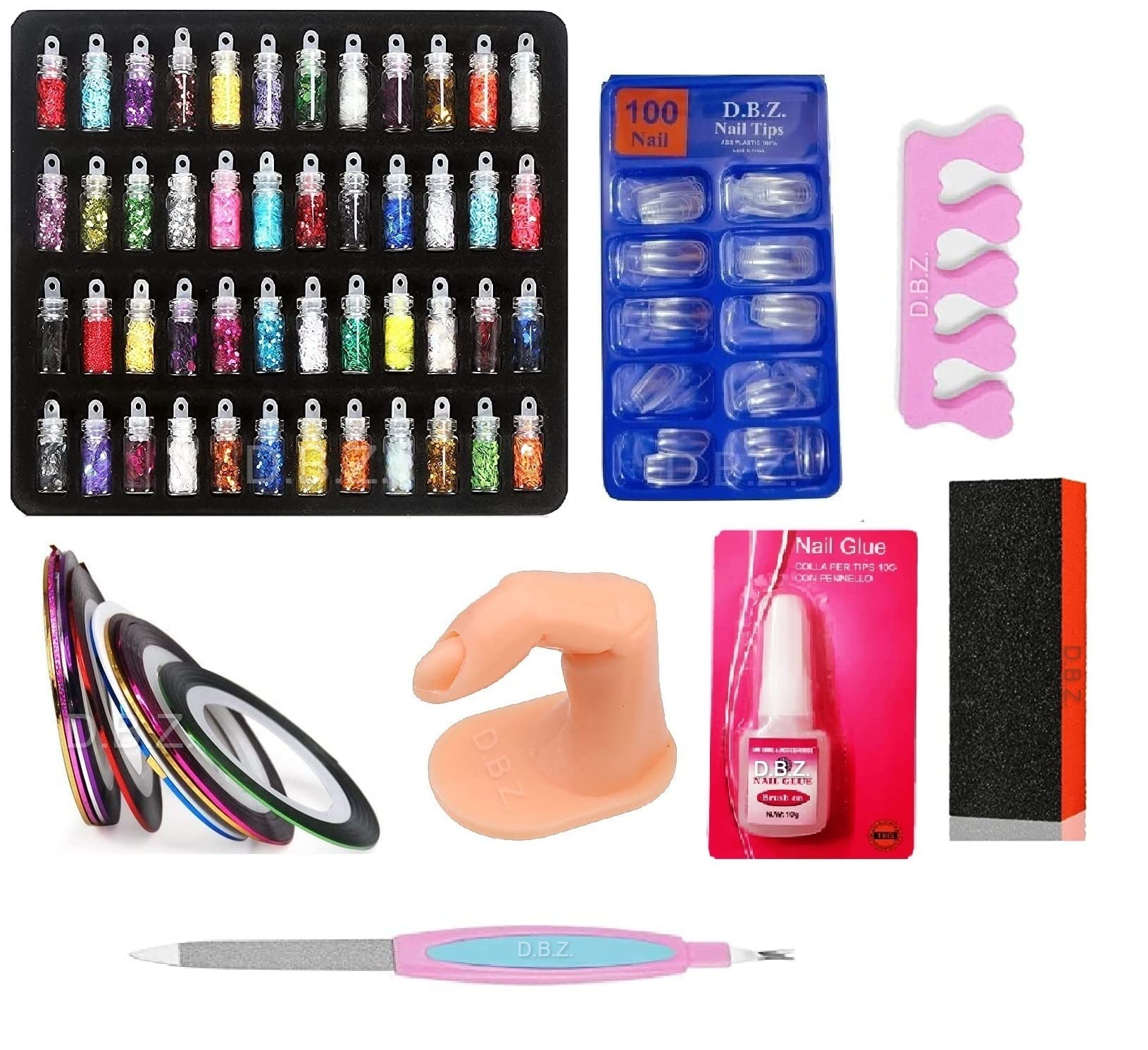 D.B.Z. ® Nail Art Kit - 48 Pcs Glass Bottles Multicolor Glitter,100 Tansparent Nails,5 Nail Tapes,1 Nail Practice Finger,1 Nail Art Buffer,1 Nail Glue,1 Sponge Toe Separator, 1 Nail File Tool