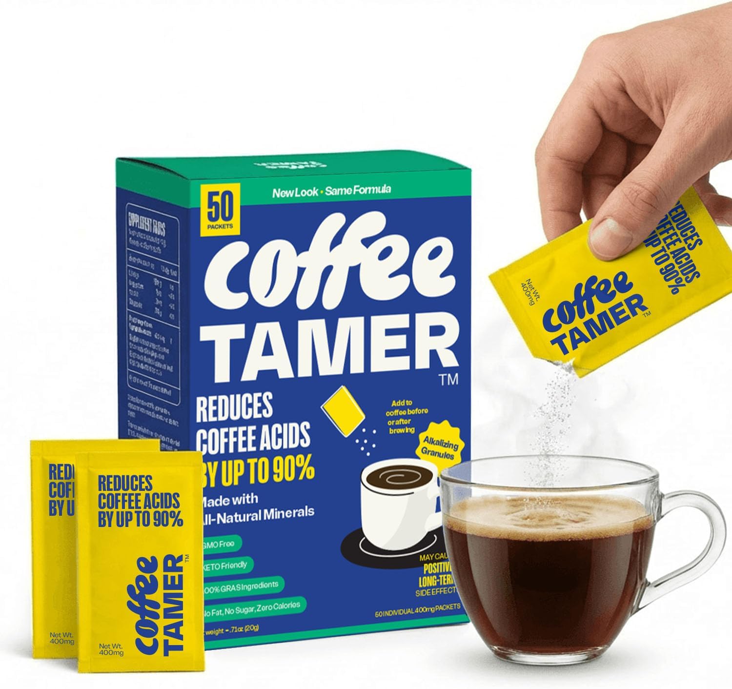 Coffee Tamer Acid Reducer Powder 50 Pack Box - All Natural Coffee Acid Reducer, Alkalizing Granules Reduce Acidity By 90%, Keto Friendly, Sugar-Free, Non-GMO, Preserves Original Flavor