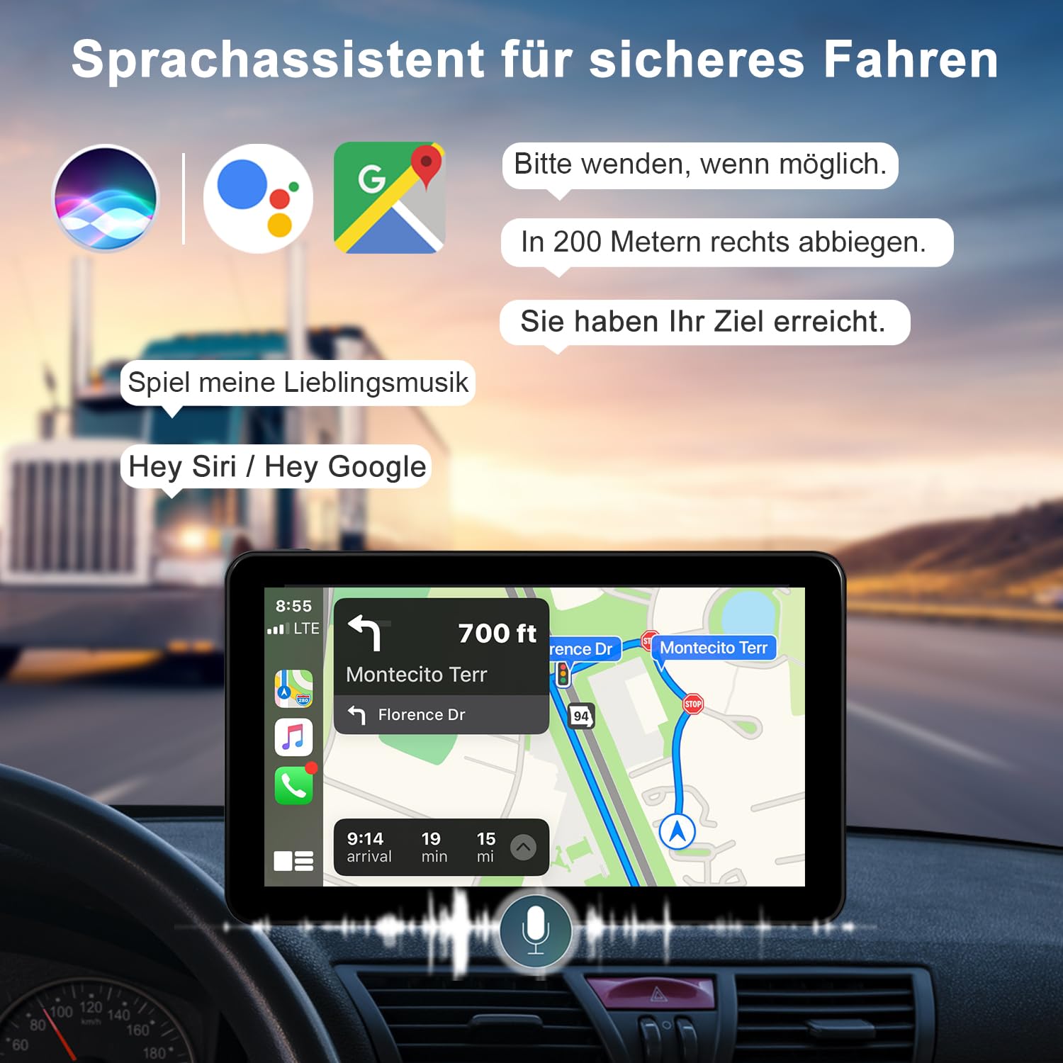 Tragbare CarPlay Display, Wireless Android Auto Monitor, IPS Touchscreen Bildschirm mit Bluetooth-Freisprecheinrichtung, Siri, Sprachassistent, Live-Navigation, MirrorLink, FM, AUX (7 Zoll)