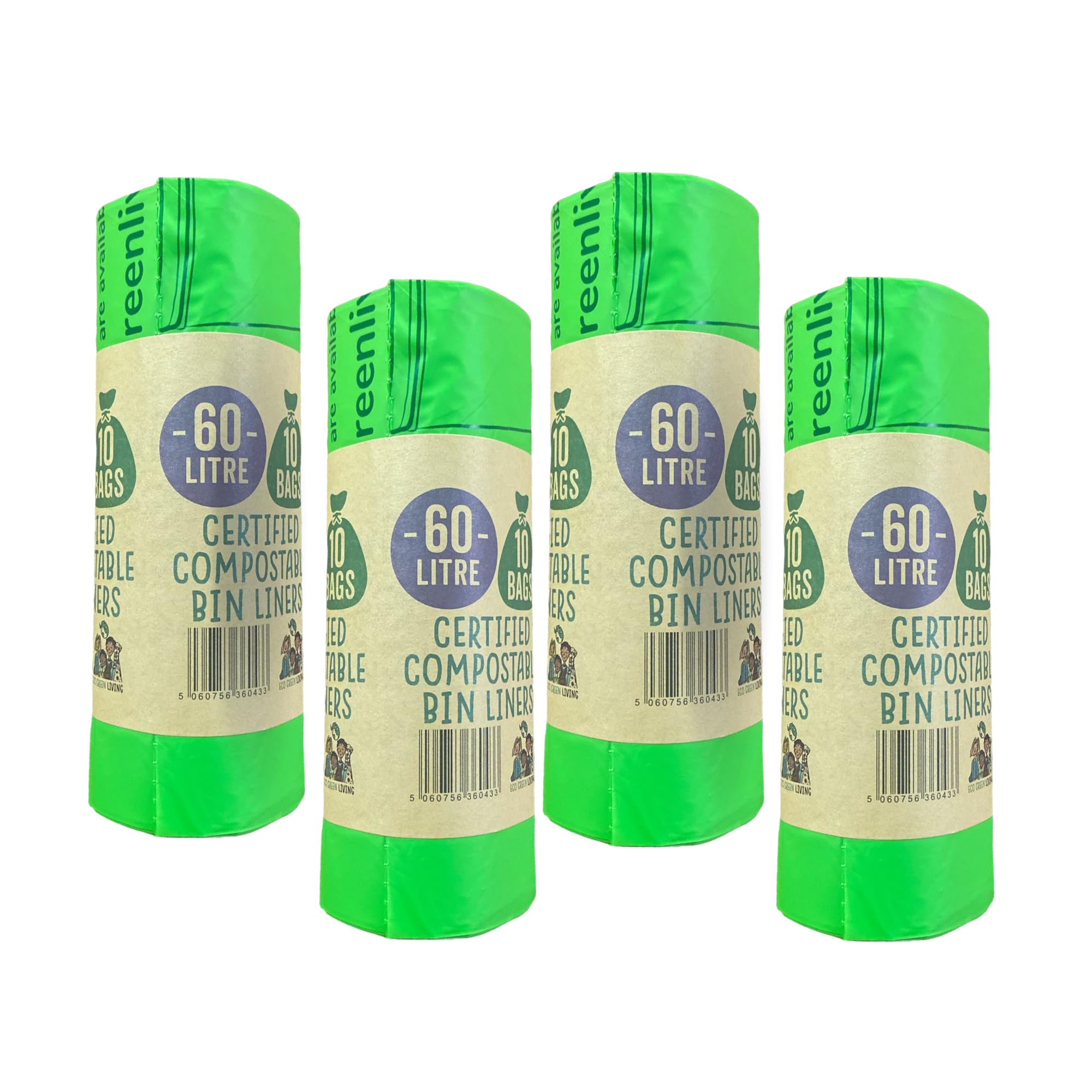 Eco Green Living 60 Litre Bin Liners, Plastic Free, Strong and Leak Proof Refuse Sacks, Large Bin Bags for Food Waste and Kitchen Bin, Tie Handle Garbage Bags, 40 Bags