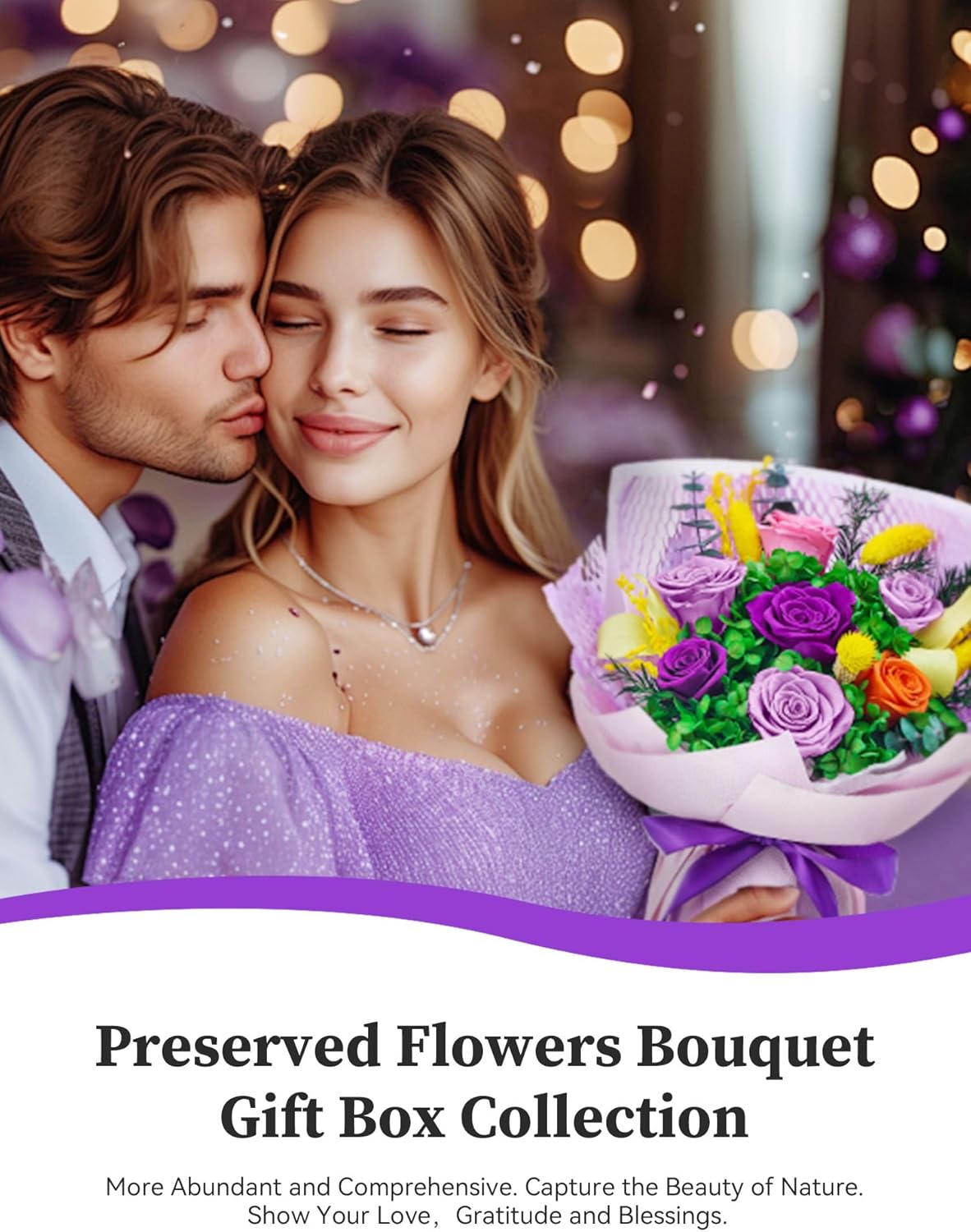 Valentines Day Gifts for Her, Preserved Flowers Bouquet Preserved Roses, Forever Flowers, Birthday Gifts for Women, Mom Grandma Anniversary Birthday (7 Roses, Purple Paper) - Image 6