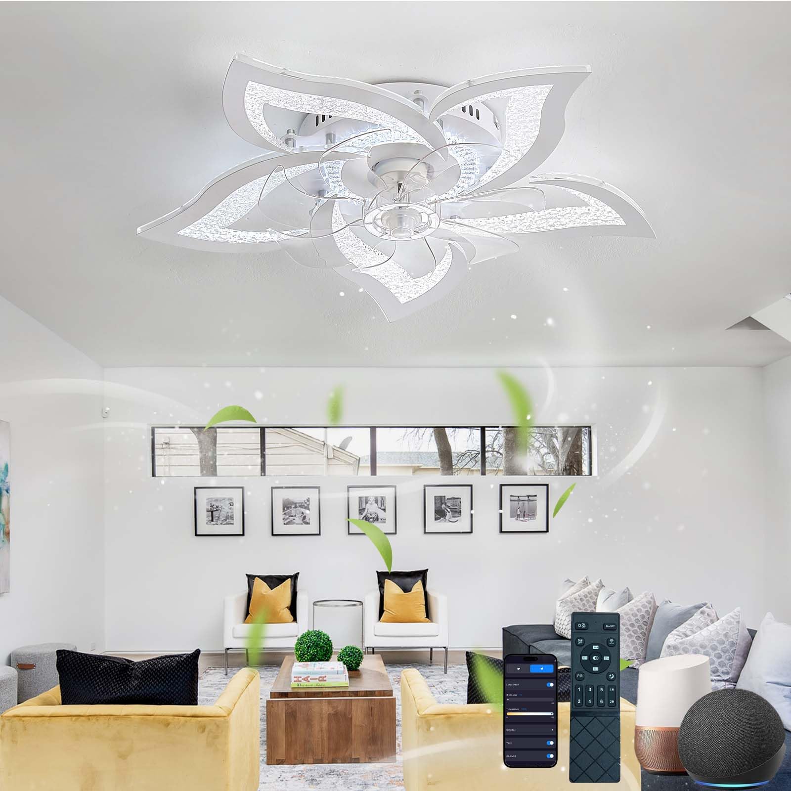Dobecd Ceiling Fans with Lights and Remote Modern Dimmable Ceiling Fans with Lights Dc Motor App 6 Speed Fan Light Timed Memory Silent Flower Light with Fan 69cm Gold
