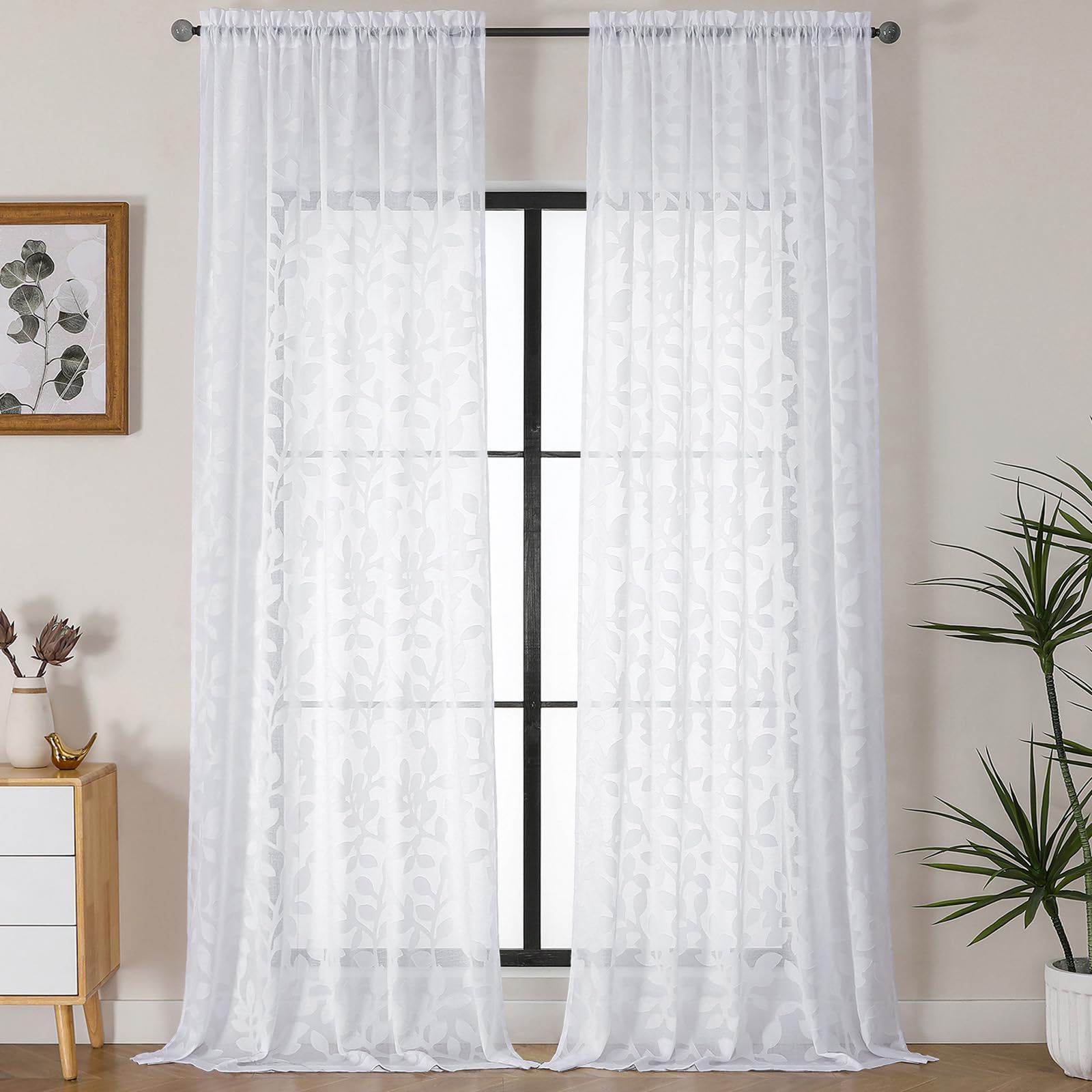 OVZME White Sheer Curtains 108 inches Long 2 Panels for Living Room, Jacquard Clip Leaf Pattern Textured Light Filtering Window Semi Sheer Voile Drapes for Bedroom, Each Panel 52 x 108 Inch โ image 1