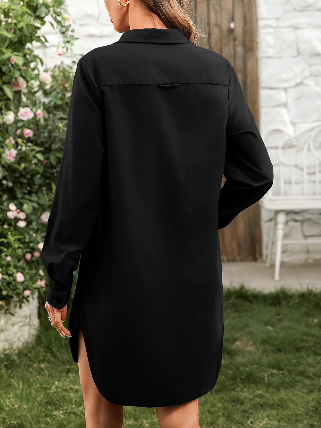 Women's Linen Button Down Shirts Dress Long Sleeve Split Irregular Hem MIni Dress - Image 5