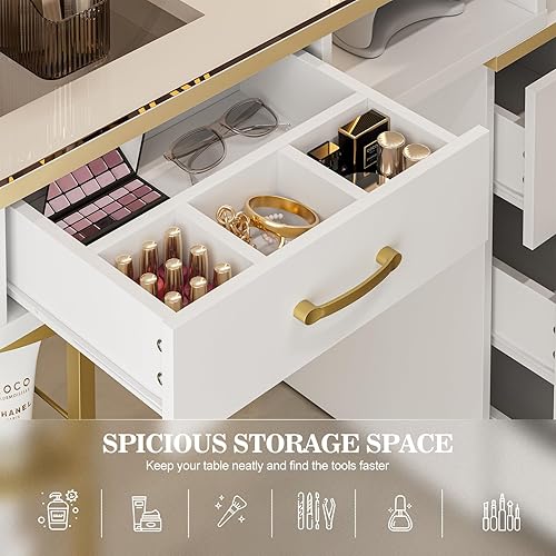 Miniatura 2 de Paddie Manicure Table for Nail Tech, Glass Top Nail Desk Station w/4 Drawers & 2-Tier Storage Shelves, Salon Beauty Workstation Acetone Resistant