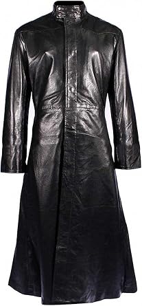 Mens Black Genuine Lambskin Leather Trench Full Length Coat | Vintage Style Classic Lapel Collar Versatile Wear Leather Duster Overcoat