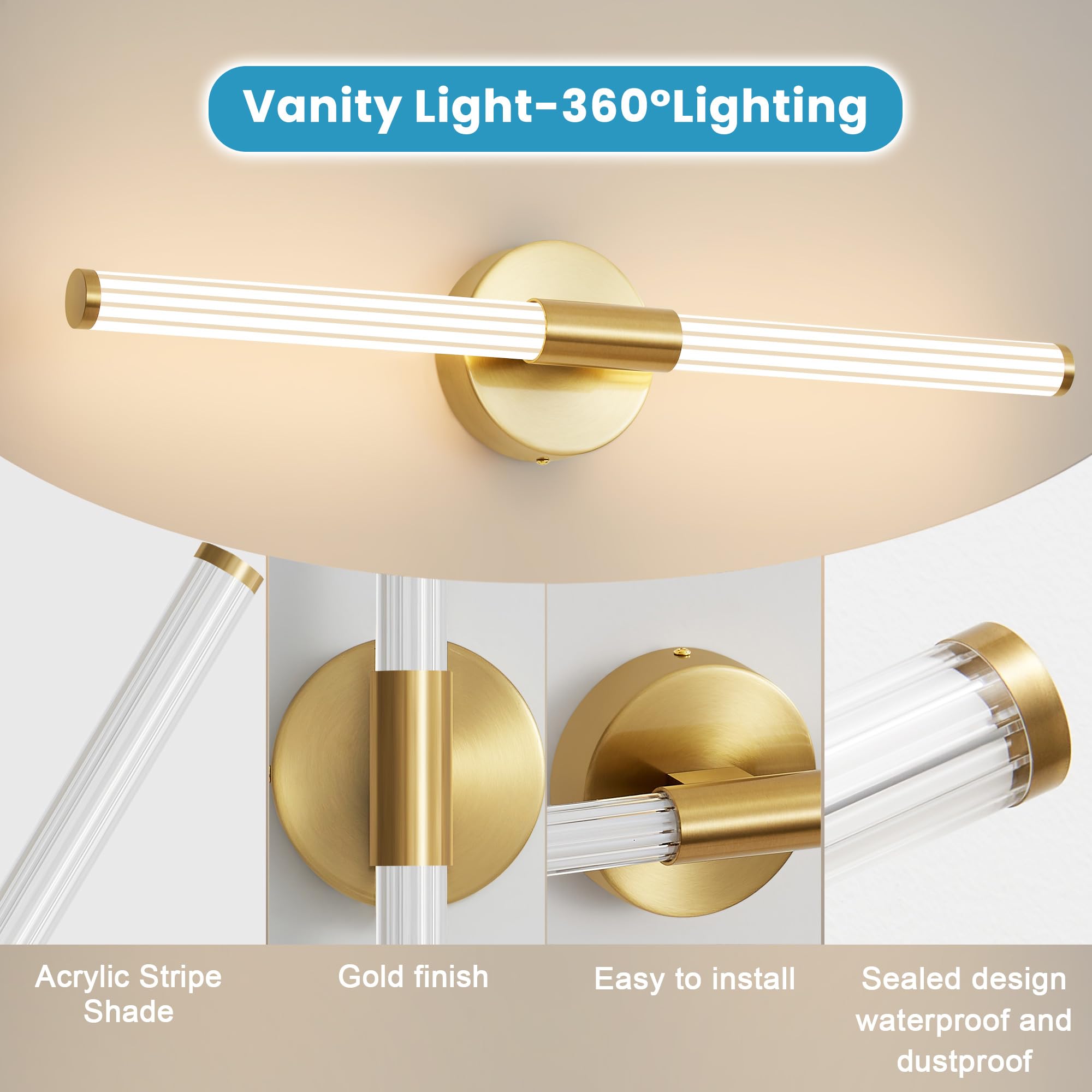 LED Wandleuchte 360° Wandbeleuchtung Innen Wandlampe Gold 60cm | Wasserdicht IP44 8W 800Lumen 3CCT Einstellbar 3000K-6000K Badleuchte Bilderlampe Für Wohnzimmer Badzimmer Schlafzimmer