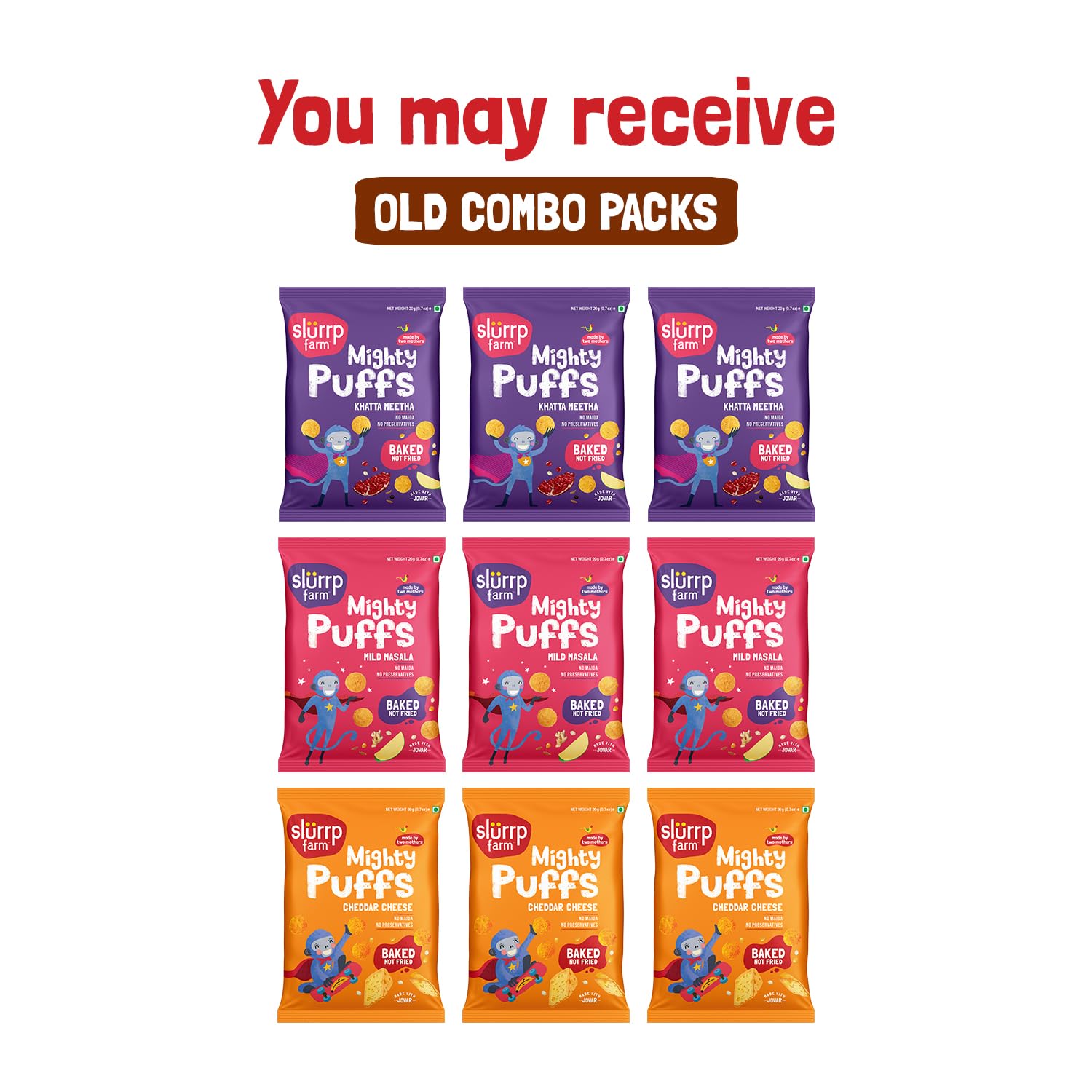 Slurrp Farm Mighty Jowar Puffs | Khatta Meetha, Mild Masala and Cheddar Cheese | Not Fried, No Maida | Healthy Snacks for Kids, School Tiffin and Travel-Friendly | 9 x 20g packs 1