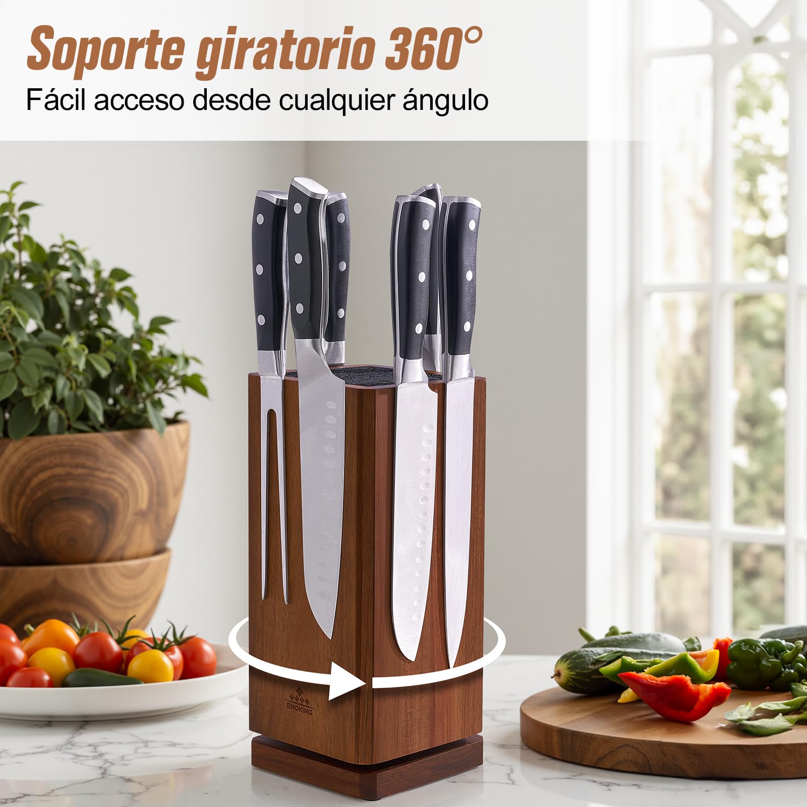 ENOKING Soporte Cuchillos Cocina Giratorio 360°, Porta Cuchillos Cocina con Cerdas, Soporte Cuchillos de Madera de Acacia, Organizador Cuchillos Magnético para Cuchillos y Utensilios