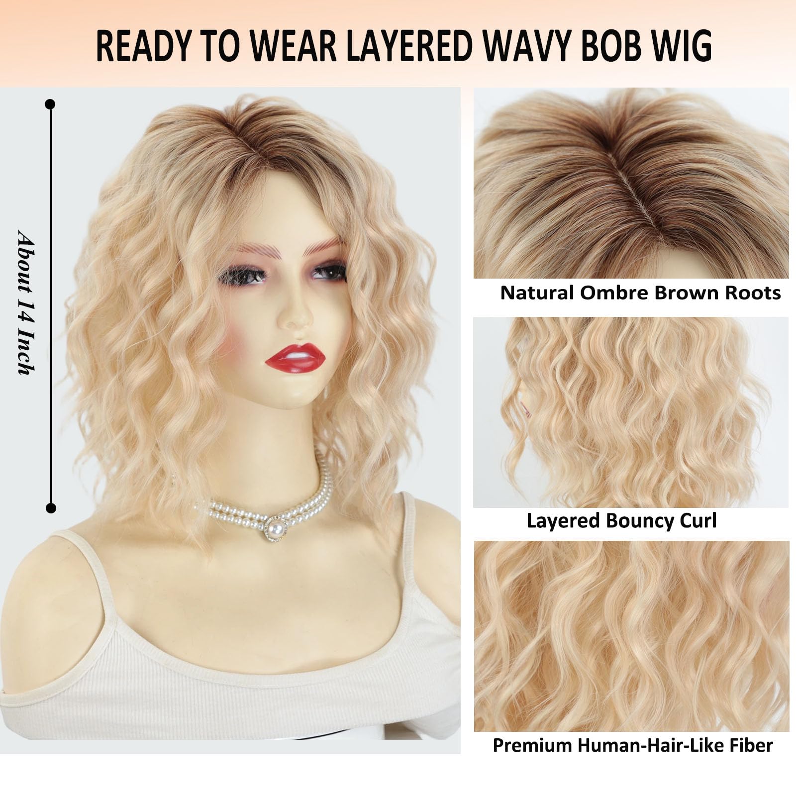 Pre Cut Lace Platinum Blonde Perücke Damen Schulterlange Gewellte Gestufte Bob Wig Perücke mit Pony,Echte Kopfhaut Synthetische Perücken für Dünnes Haar/Grauabdeckung Täglichen Gebrauch