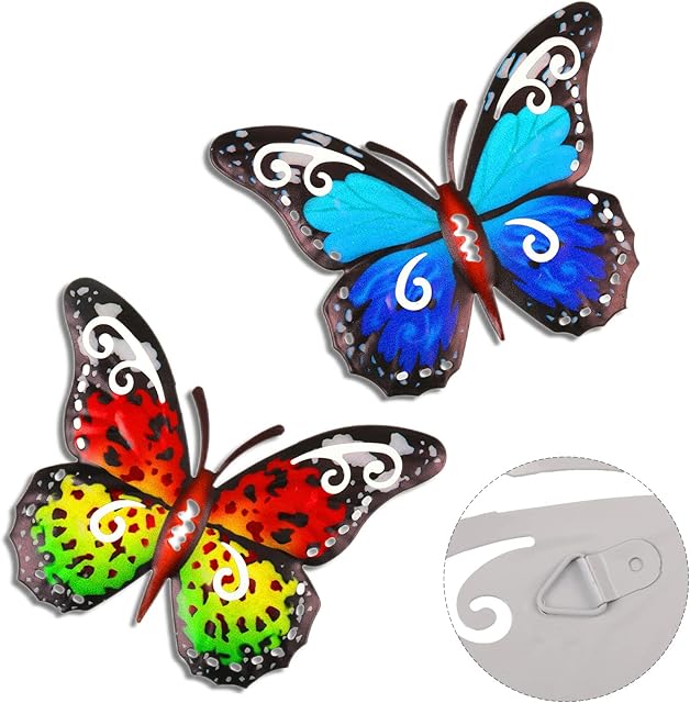 Outdoor Large Metal Butterfly, 2 Pieces Garden Decorations Outdoor Wall Art Metal Butterfly, Large Butterfly Garden Ornaments for Fence Decorations Outdoor Yard Sheds Hanging