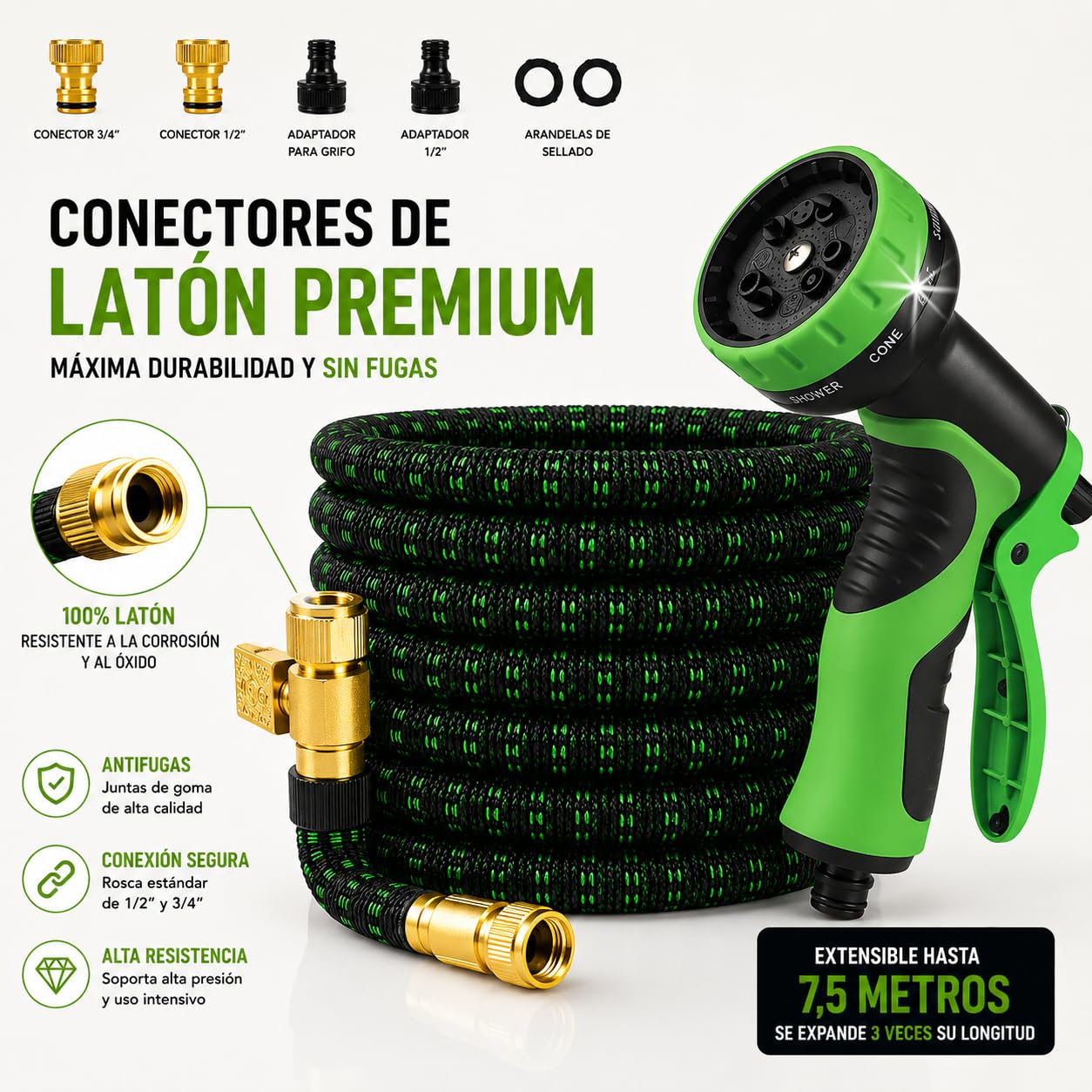 Manguera Extensible Jardín 7,5 m con Pistola de Riego Premium de 7 Modos, Conectores de Latón 1/2 y 3/4, Resistente y duradeea. Manguera agua flexible Reforzada Antifugas Alta Presión.