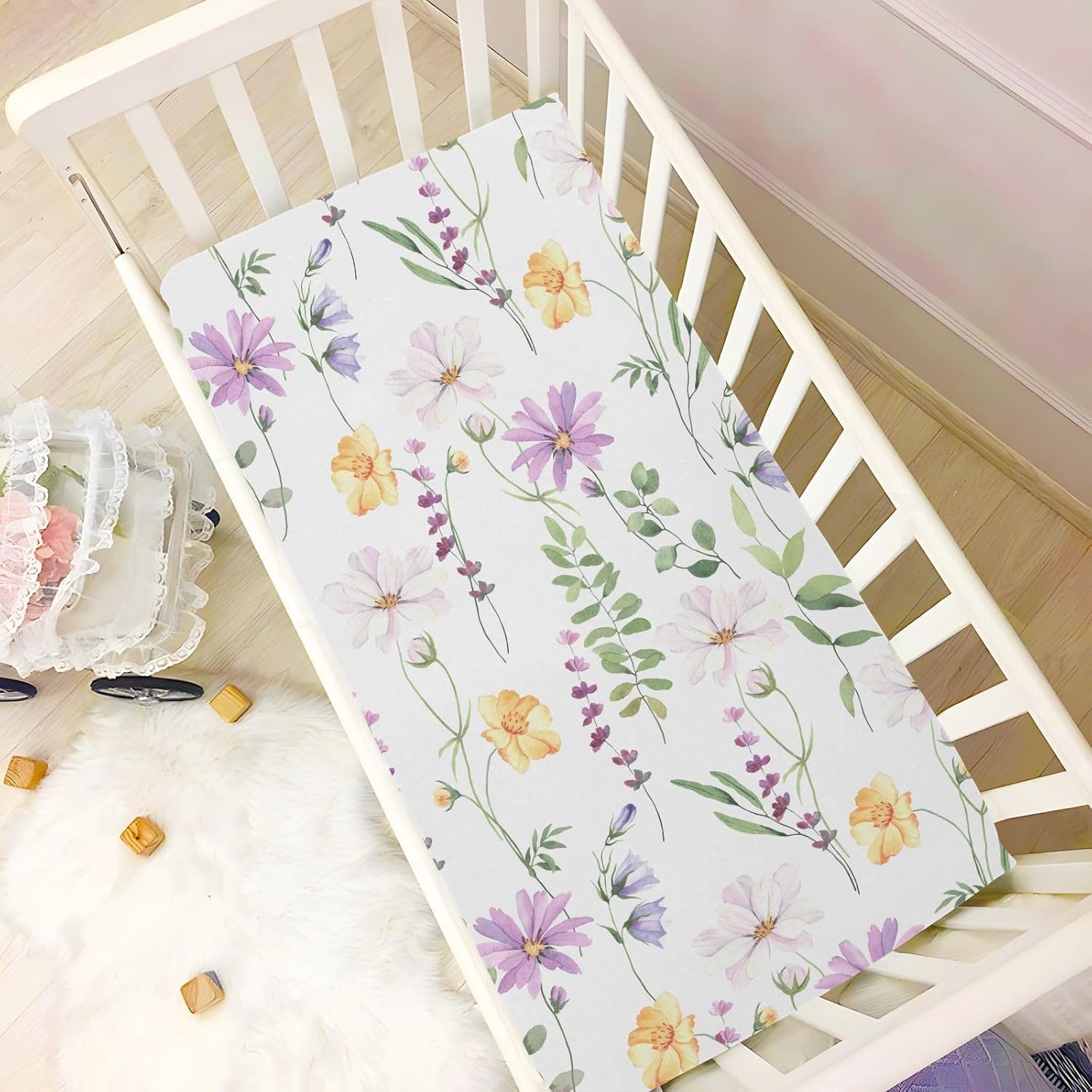 CaTaKu Baby Crib Sheets Floral Flowers Lavender Mini Crib Sheets Fitted for Girls Boys,Neutral Soft Toddler Mattress Bed Sheets for Crib,27"x 39"
