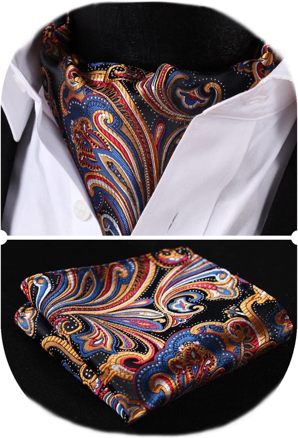 HISDERNMens Cravat and Pocket Square Set Red Paisley Cravat for Men Silk Ascot Tie and Handkerchief for Wedding Party Christmas