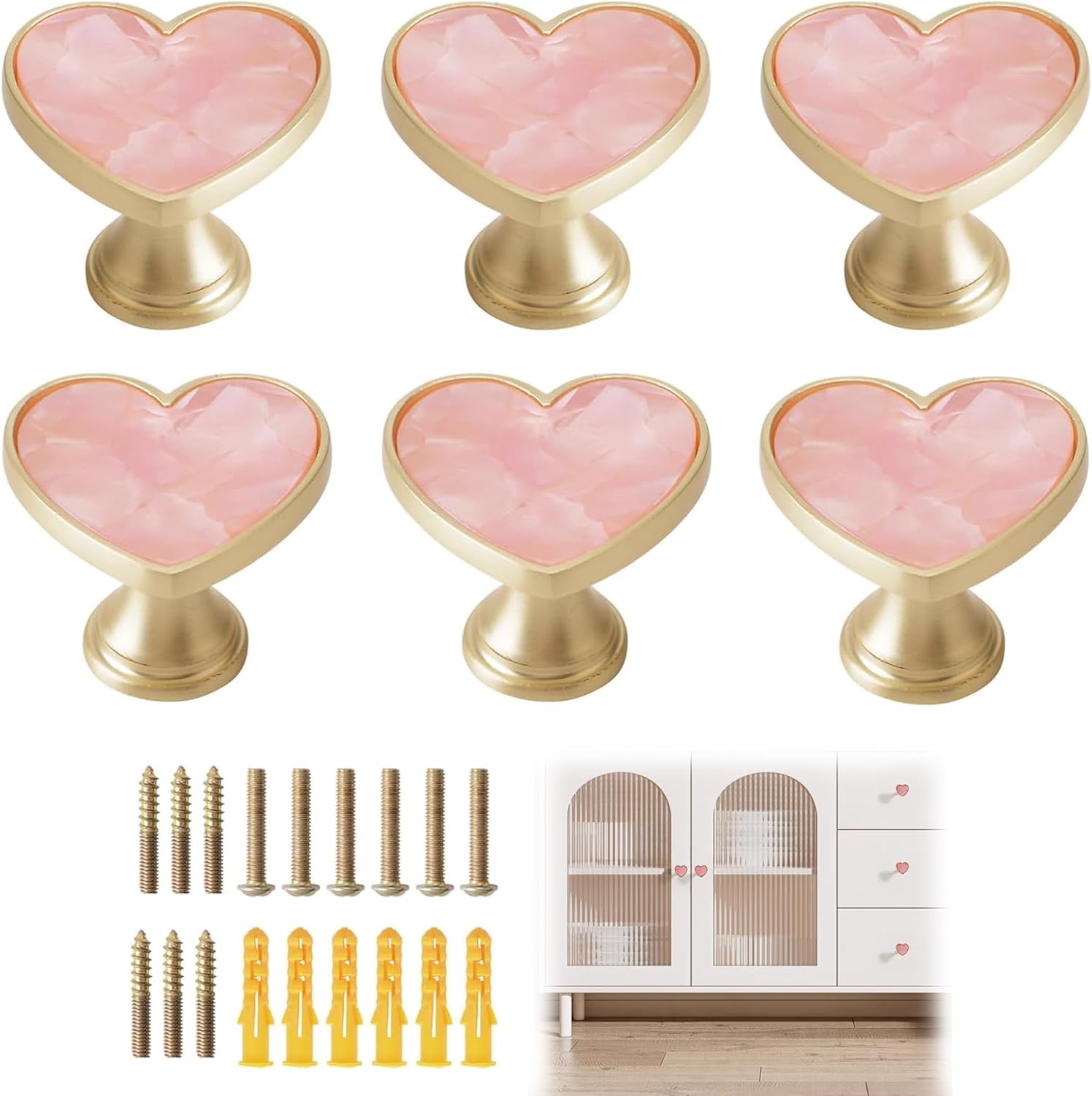 6sets Pink Heart Shaped Cabinet Knobs, Gold Zinc Alloy Drawer Pulls Handles, Decorative Single Hole Hardware for Girls Bedroom Dresser, Wardrobe, Kitchen Cupboard, Bathroom Furniture Decor