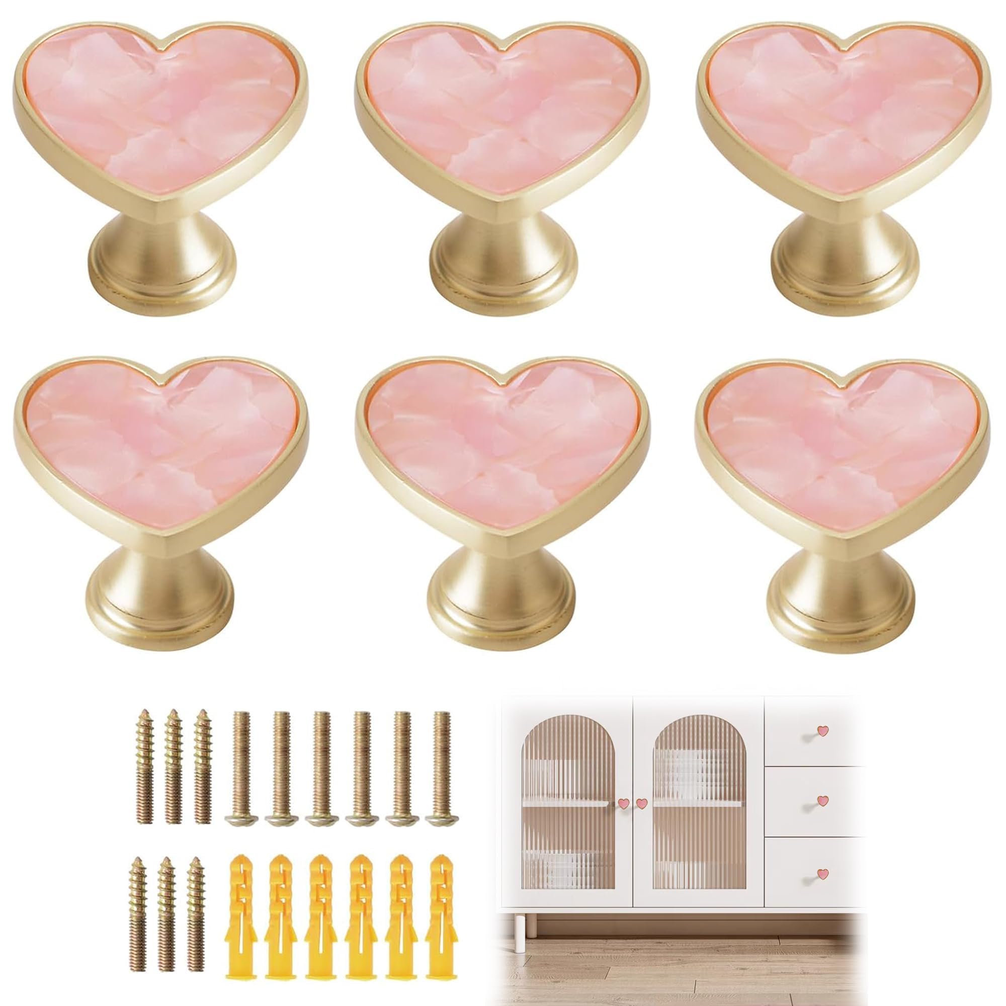 6 Pack Heart Shaped Pink Gold Zinc Alloy Cabinet Knobs with Fitting Screws