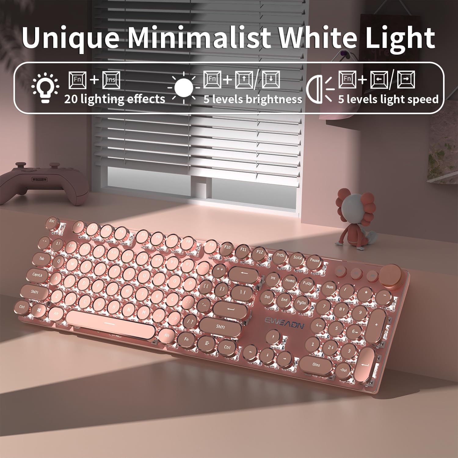 EWEADN V20 Wired Typewriter Keyboard, Typewriter Style Mechanical Keyboards,104 Keys Retro Computer Keyboards,Media Control Knob, Wired Computer Keyboard Pink Switch for Windows/Mac/PC-Pink