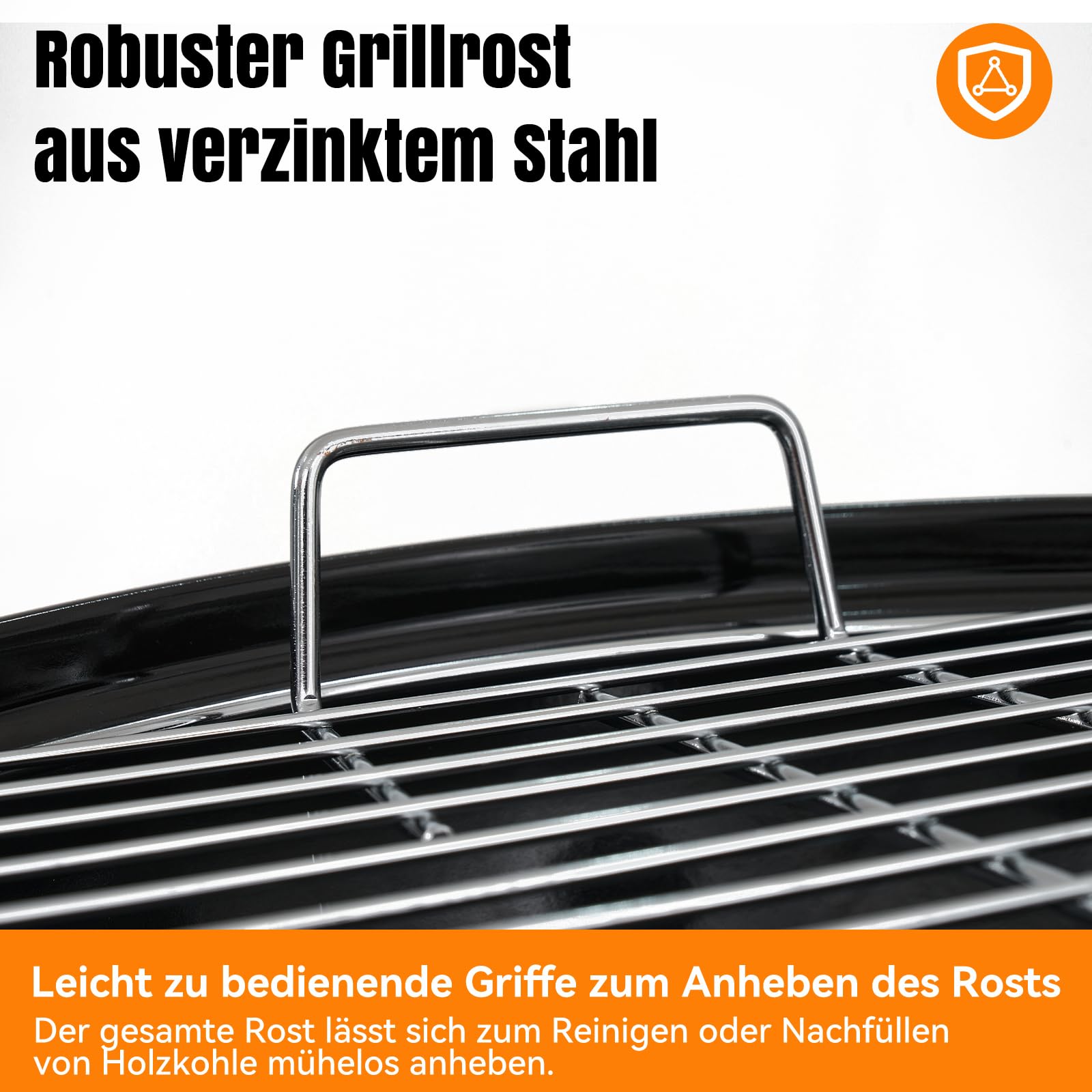Aoxun Holzkohlegrill, 47 cm Kugelgrill mit Thermometer und regulierbarer Luftzufuhr, kratzfeste, emaillierte Grillschale, Ascheauffangbehälter, Rollen und Ablage, für Garten, und Outdoor, schwarz
