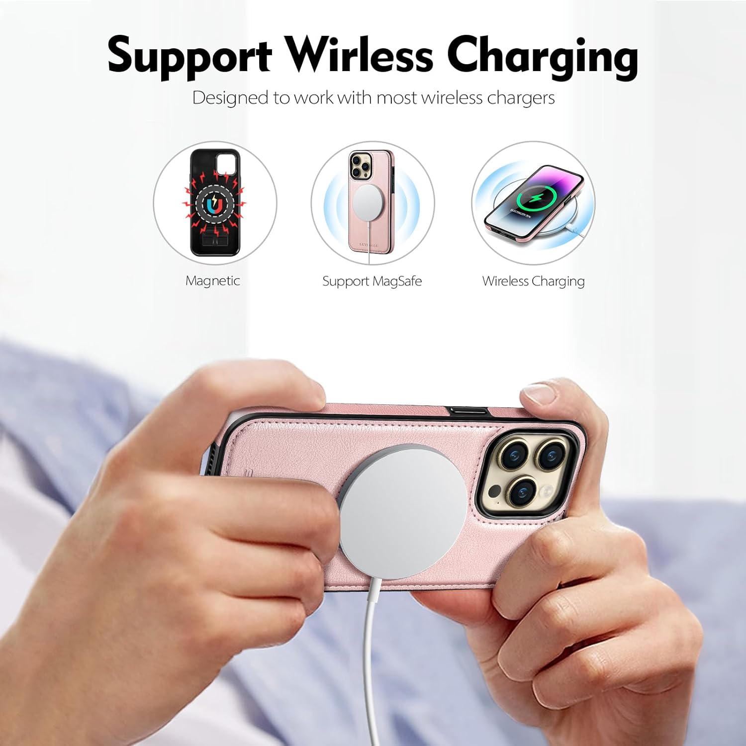 SkyEagle Compatible with iPhone 16 Pro Max case Compatible with Magsafe Charging Support Wireless,for Women Men Phone case Slim Non-Slip Luxury PU Leather Shockproof Protective Cover,Rose Gold