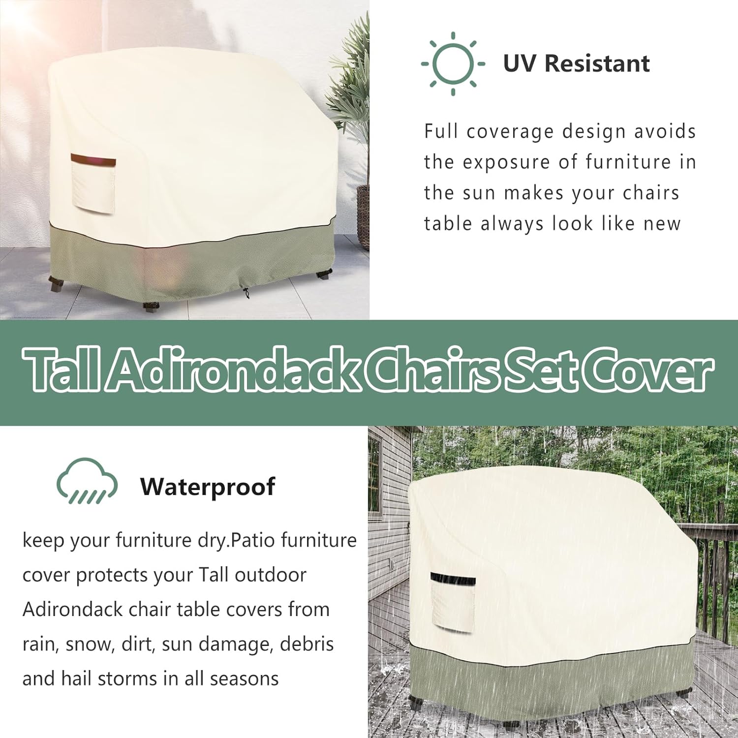 Tall Adirondack Chairs Set Cover for Poly Balcony Chair with Connecting Tray Patio Stools,100% Waterproof Heavy Duty Tall Outdoor Adirondack Chair Table Covers, Beige