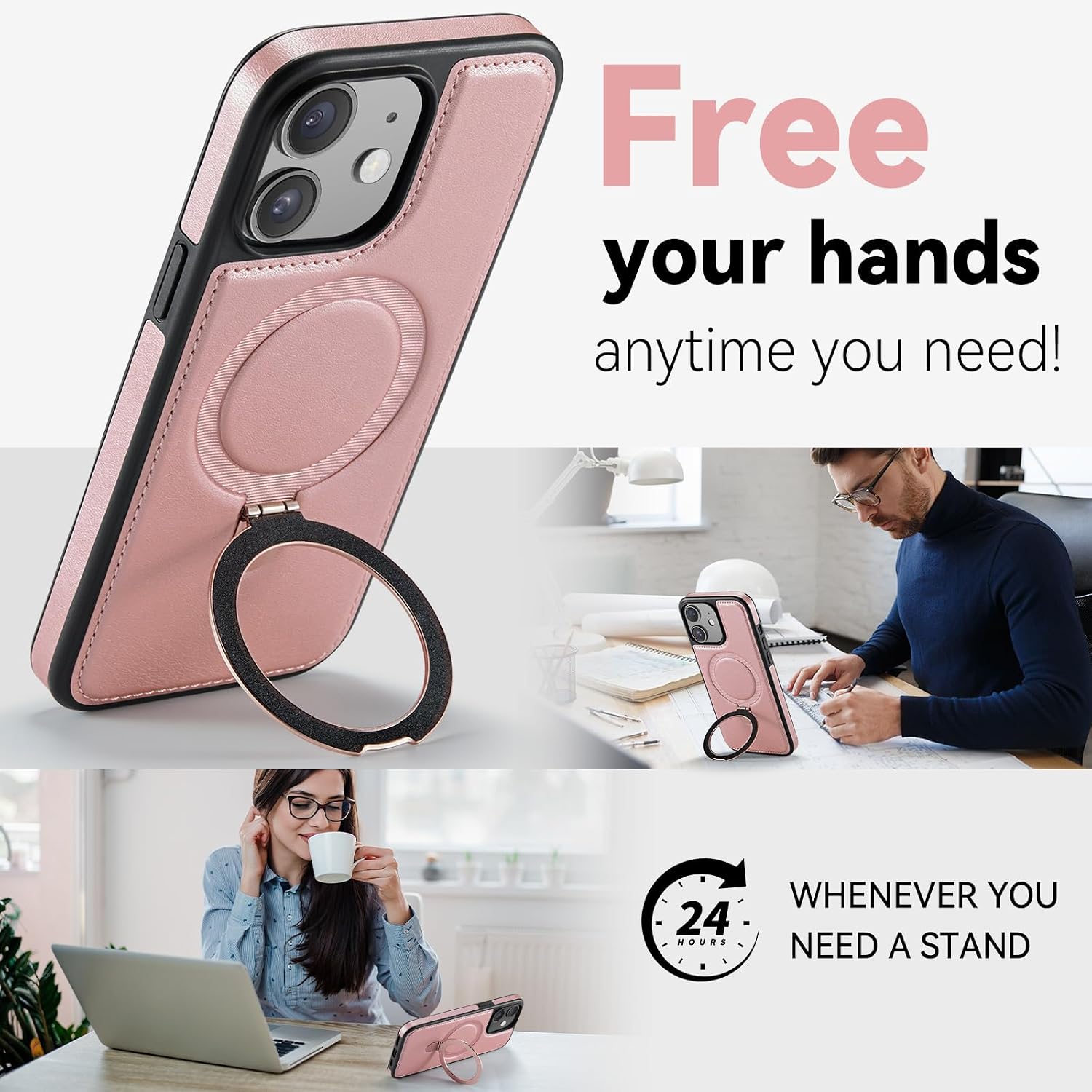 for iPhone 12/12 Pro Case with Stand, Compatible with MagSafe, Slim PU Leather & TPU Drop-Proof Protective Magnetic Kickstand Phone Cases with Tempered Glass Screen Protector 6.1", Rose Gold