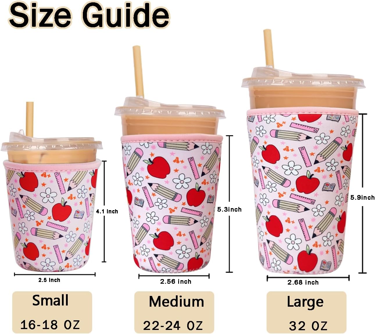 Reusable Insulated Sleeve for Iced Coffee Cup, Coffee Neoprene Sleeve for Cold & Hot Drinks, Beverage Holder for Iced Coffee (Teacher Treasure, Small: 16-18oz)